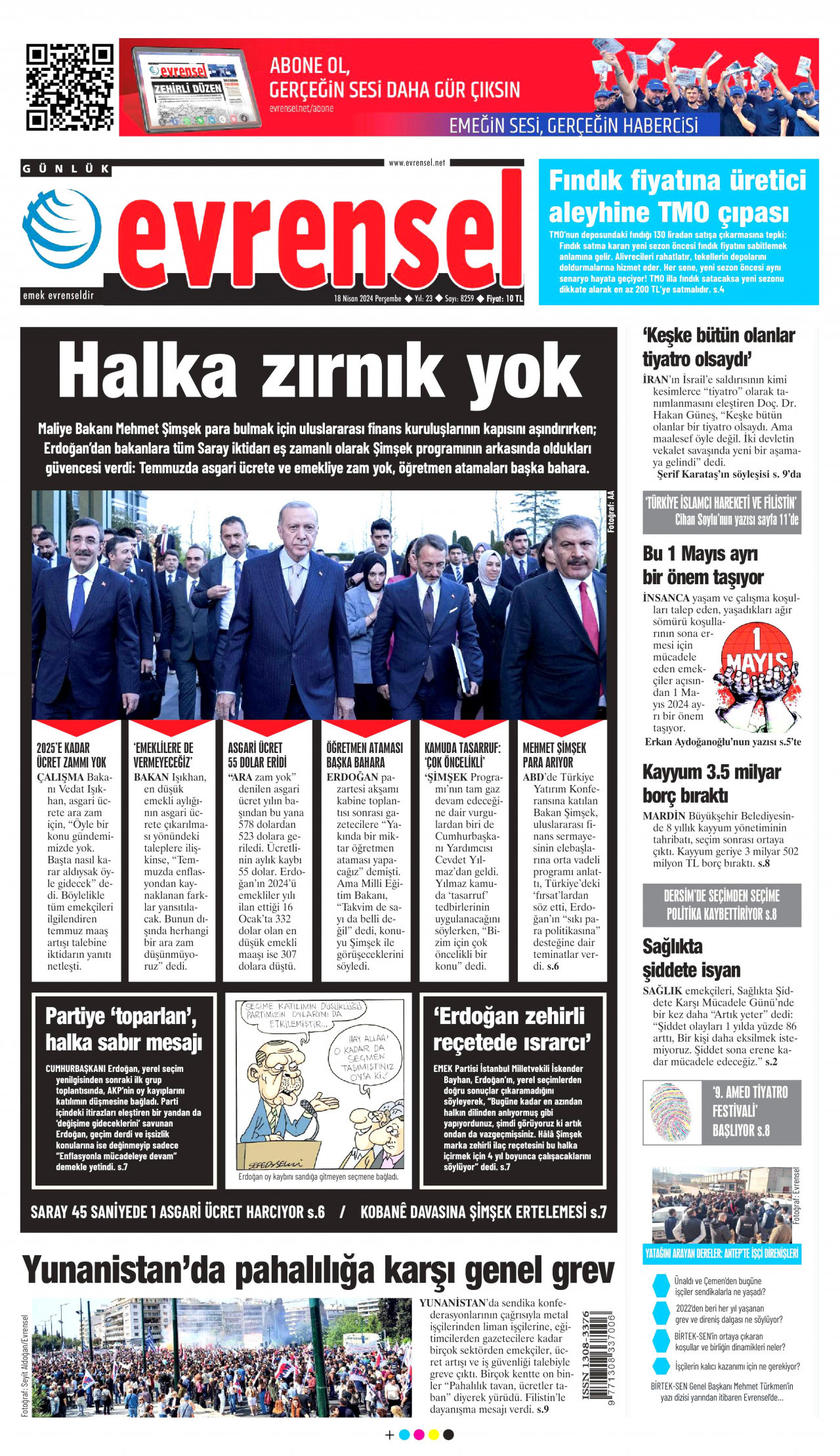 EVRENSEL gazetesinin 18 Nisan 2024 tarihli birinci sayfası