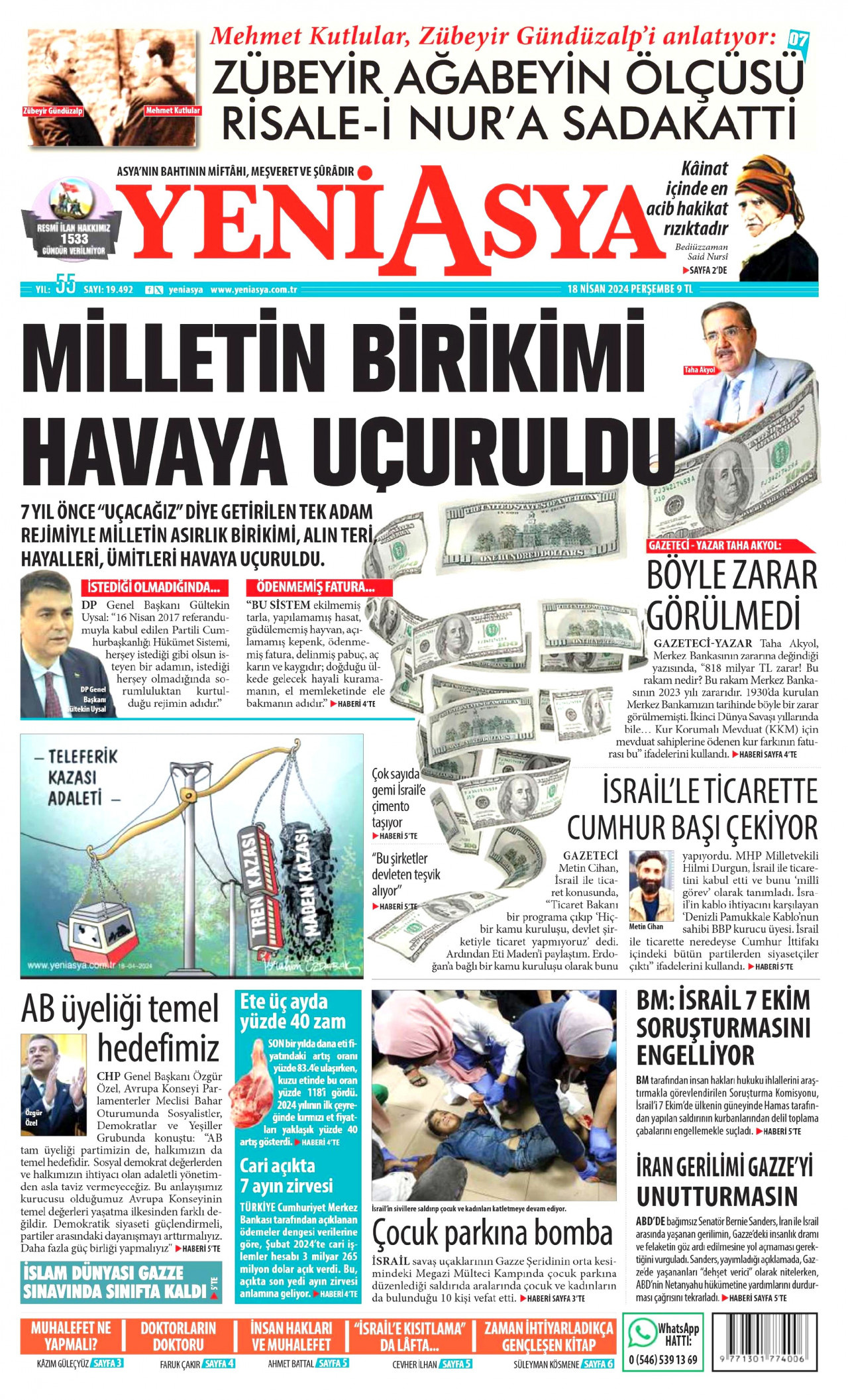 YENİ ASYA gazetesinin 18 Nisan 2024 tarihli birinci sayfası