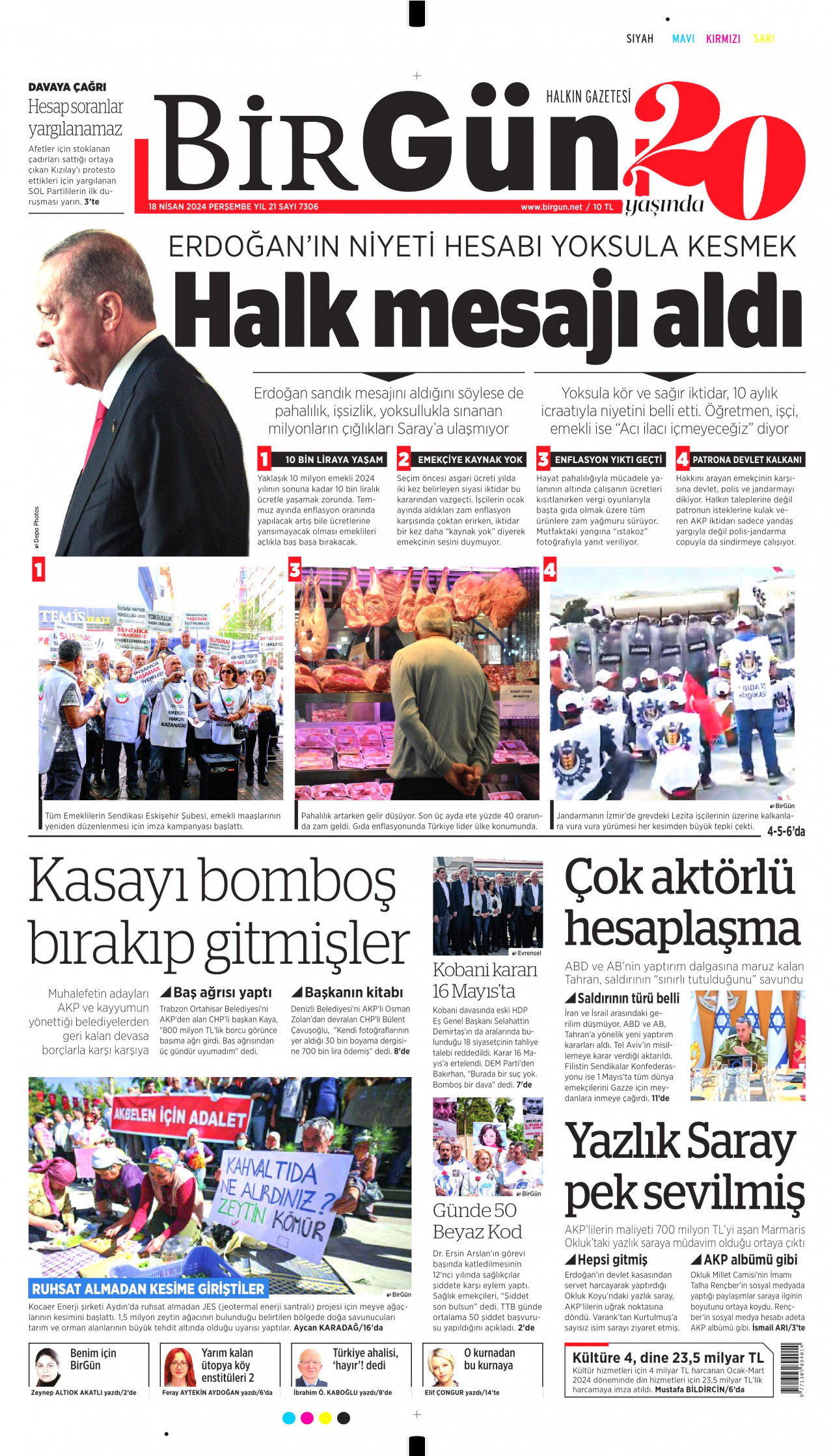 BİRGÜN gazetesinin 18 Nisan 2024 tarihli birinci sayfası