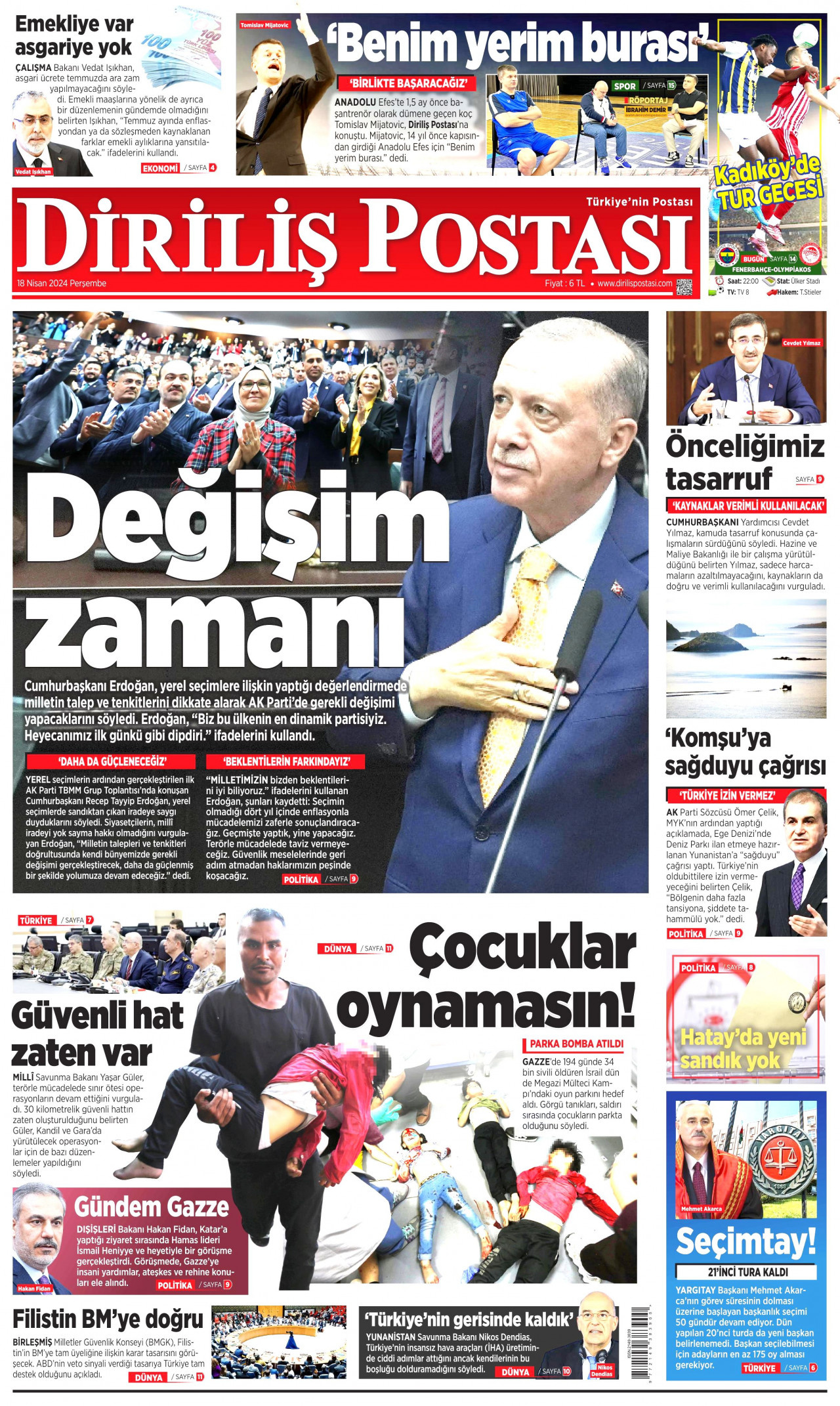DİRİLİŞ POSTASI gazetesinin 18 Nisan 2024 tarihli birinci sayfası