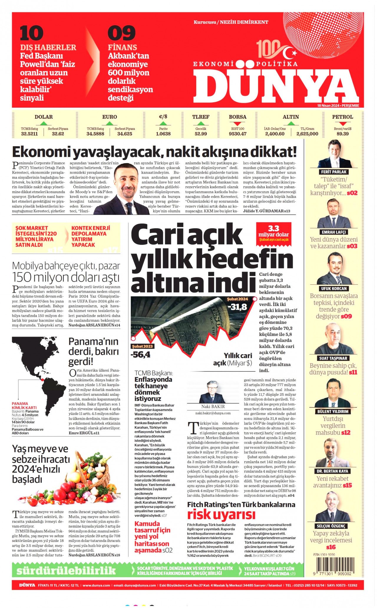DÜNYA gazetesinin 18 Nisan 2024 tarihli birinci sayfası