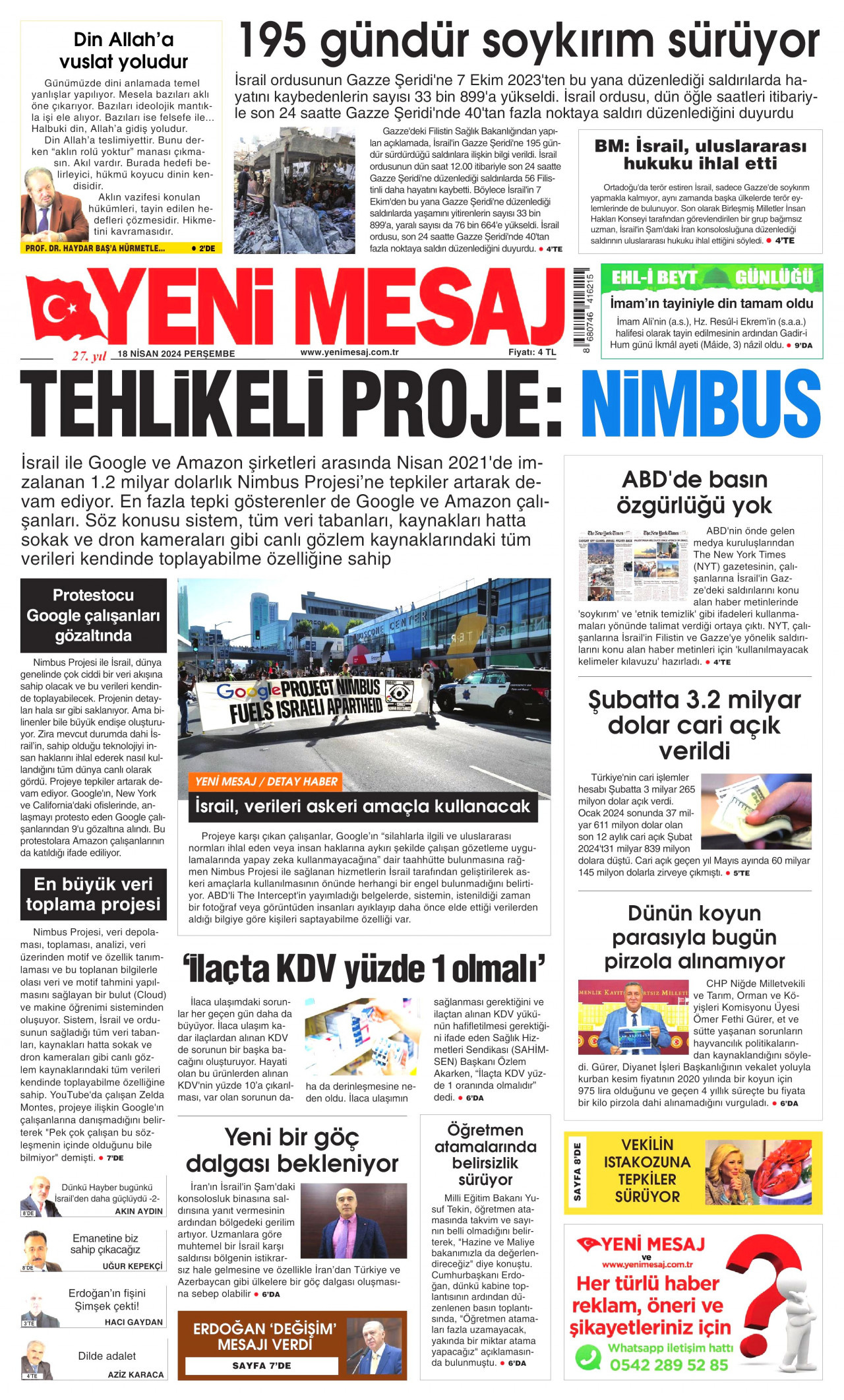 YENİ MESAJ gazetesinin 18 Nisan 2024 tarihli birinci sayfası