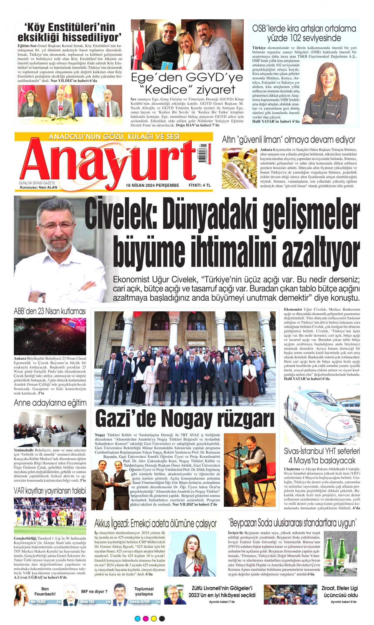 ANAYURT gazetesinin 18 Nisan 2024 tarihli birinci sayfası