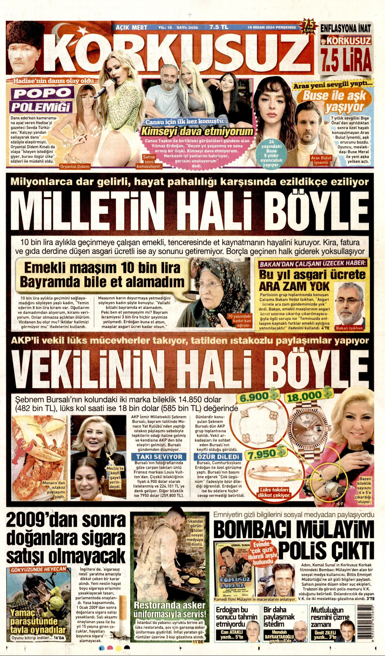 KORKUSUZ gazetesinin 18 Nisan 2024 tarihli birinci sayfası