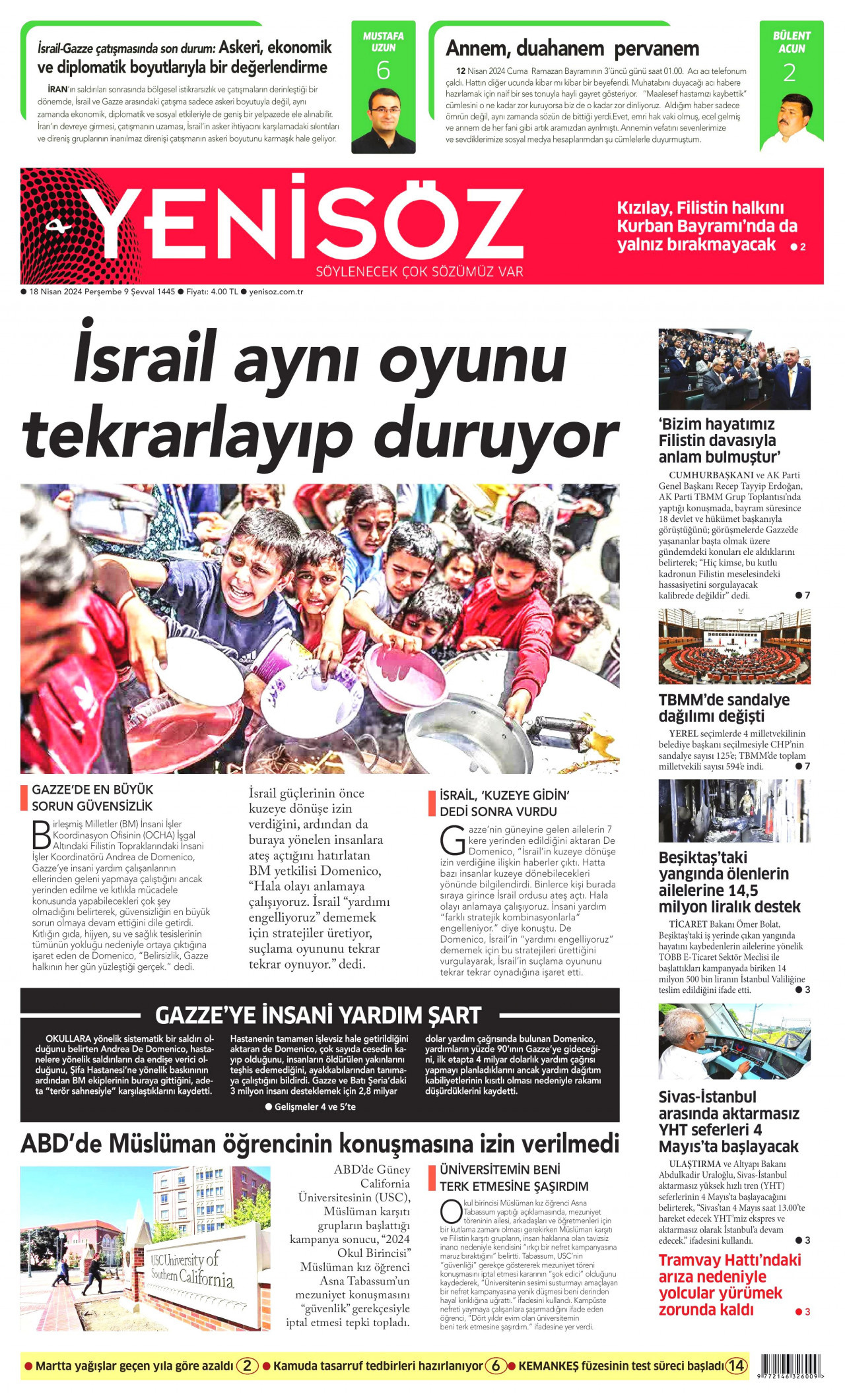 YENİ SÖZ GAZETESİ gazetesinin 18 Nisan 2024 tarihli birinci sayfası
