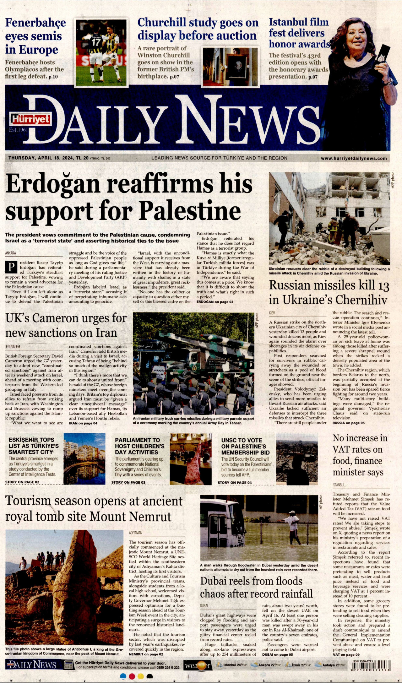 HÜRRİYET DAİLY NEWS gazetesinin 18 Nisan 2024 tarihli birinci sayfası