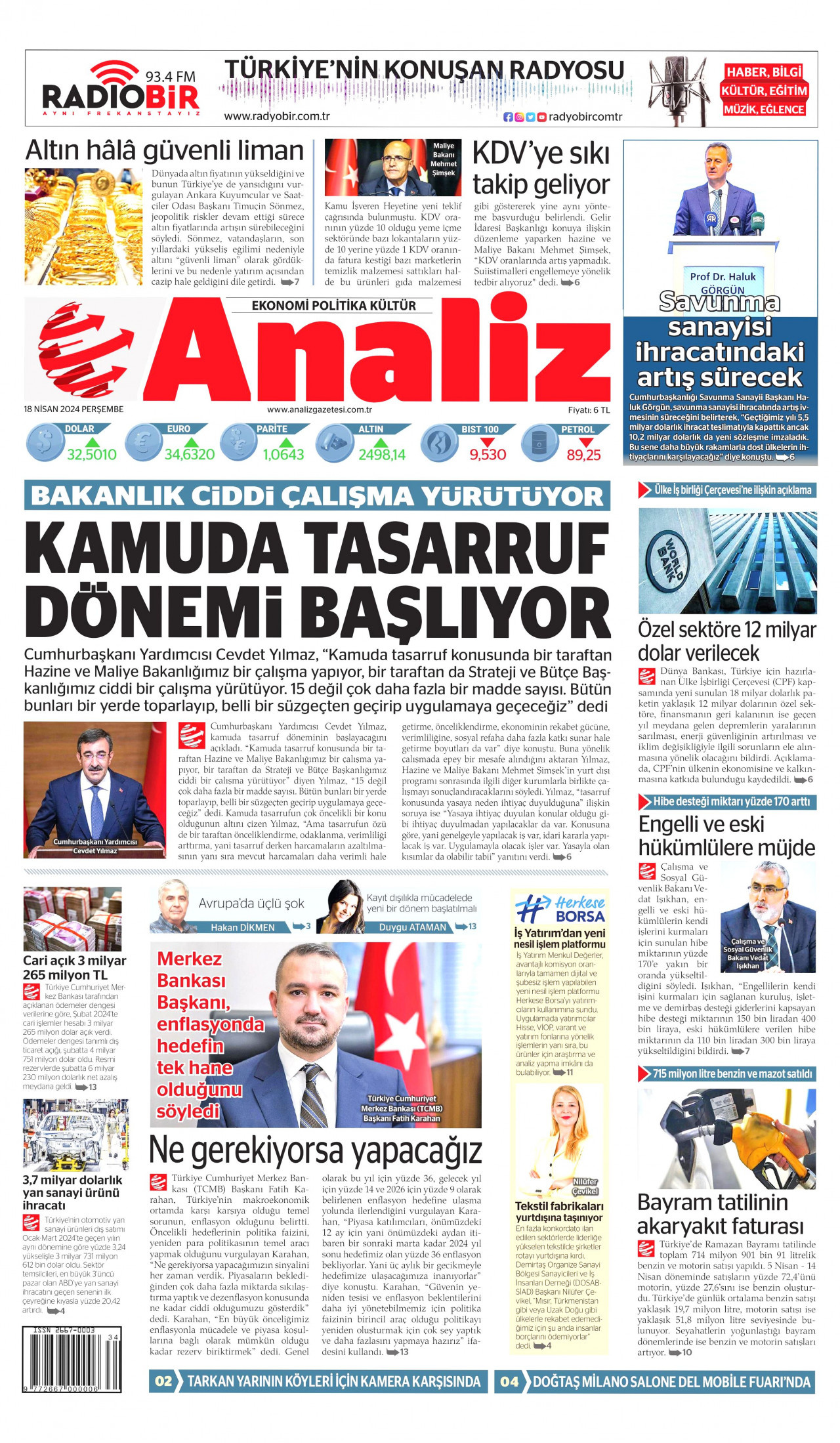 ANALİZ gazetesinin 18 Nisan 2024 tarihli birinci sayfası