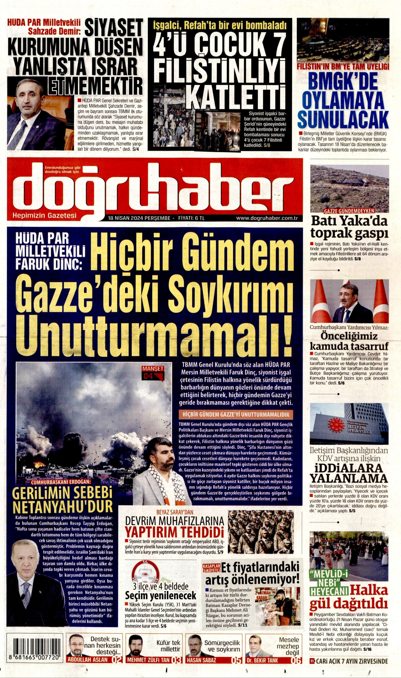 DOĞRU HABER gazetesinin 18 Nisan 2024 tarihli birinci sayfası