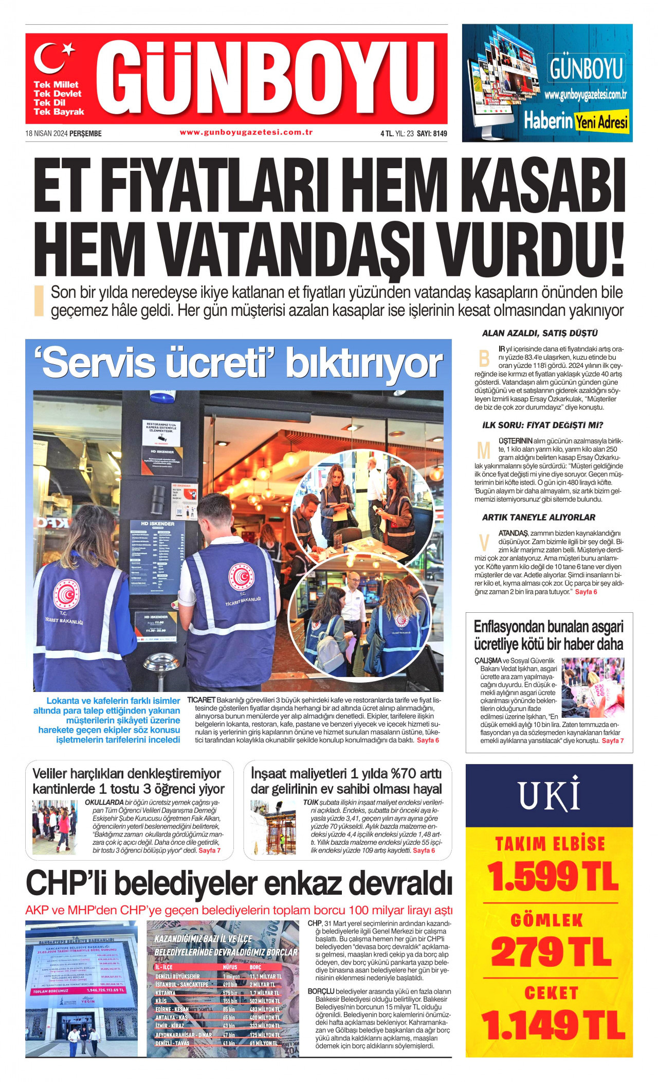 GÜNBOYU gazetesinin 18 Nisan 2024 tarihli birinci sayfası