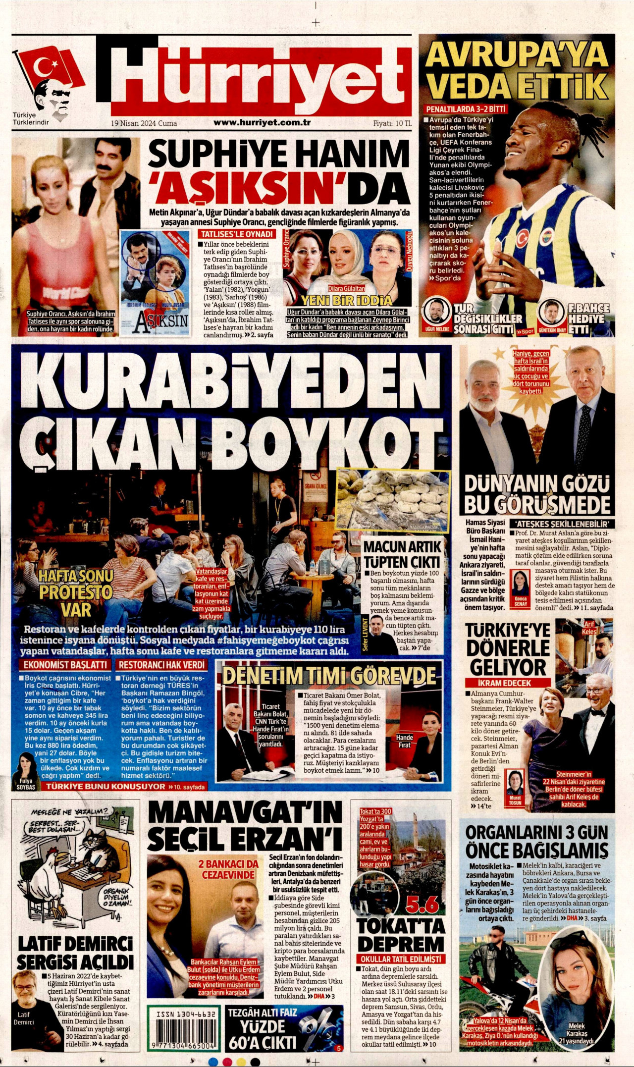 HÜRRİYET gazetesinin 19 Nisan 2024 tarihli birinci sayfası