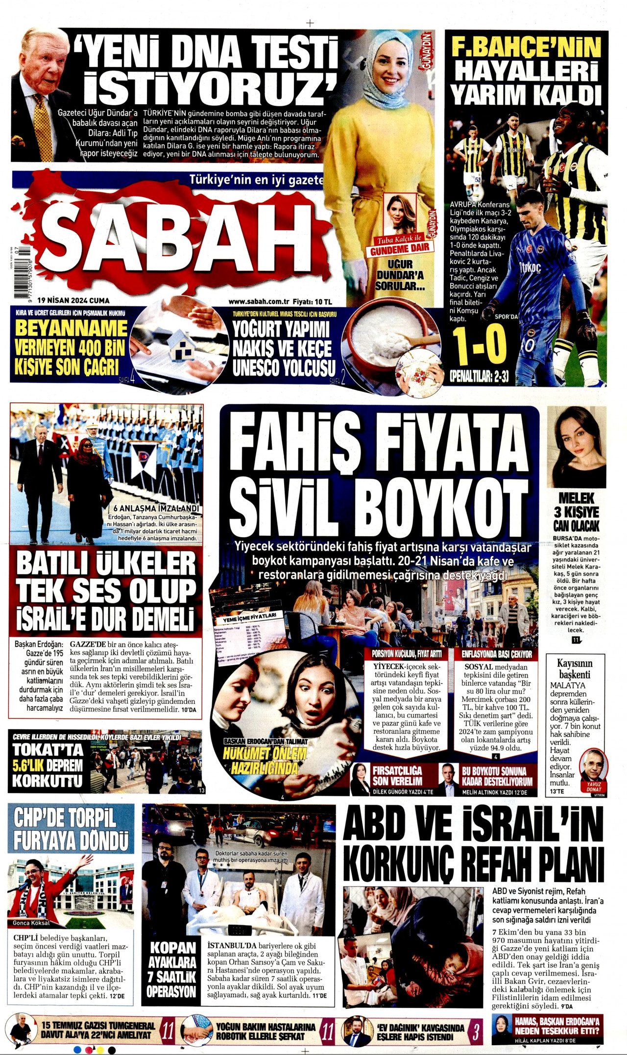 SABAH gazetesinin 19 Nisan 2024 tarihli birinci sayfası