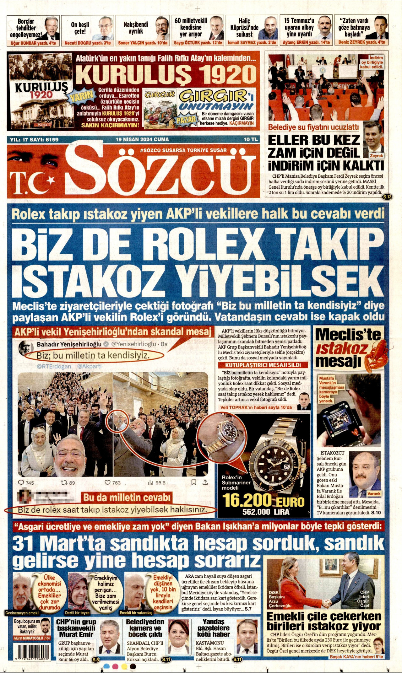 SÖZCÜ gazetesinin 19 Nisan 2024 tarihli birinci sayfası