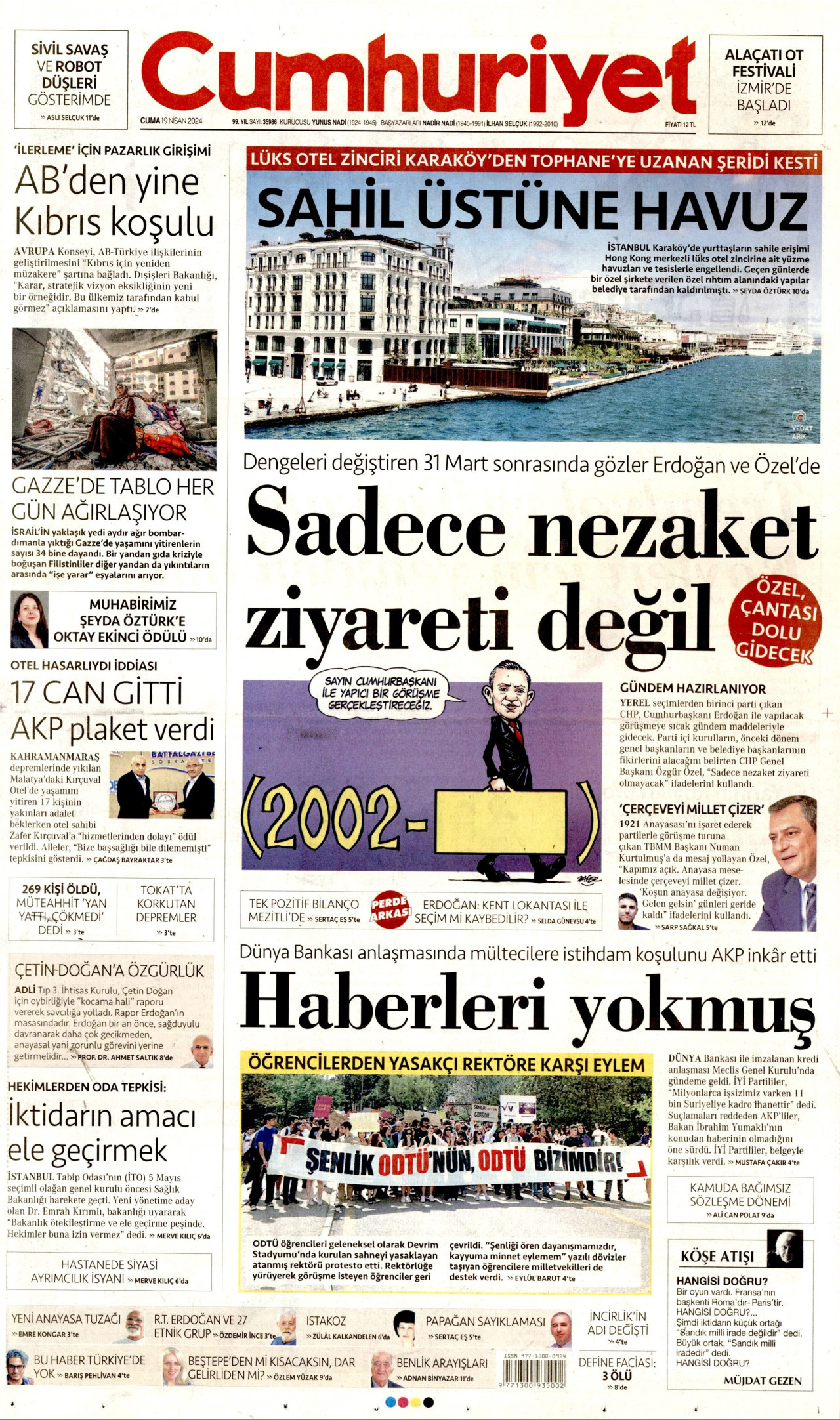 CUMHURİYET gazetesinin 19 Nisan 2024 tarihli birinci sayfası