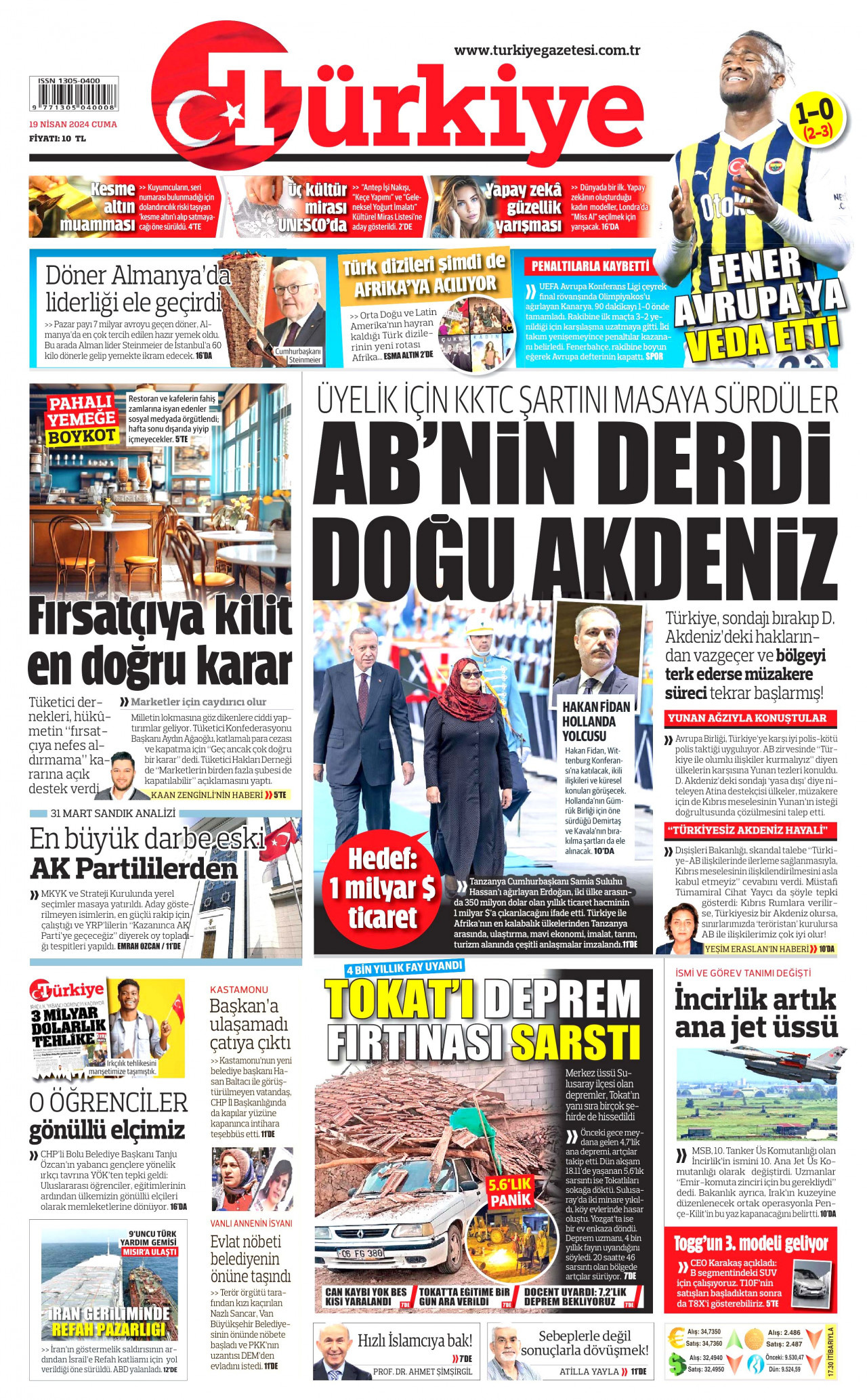 TÜRKİYE GAZETESİ gazetesinin 19 Nisan 2024 tarihli birinci sayfası