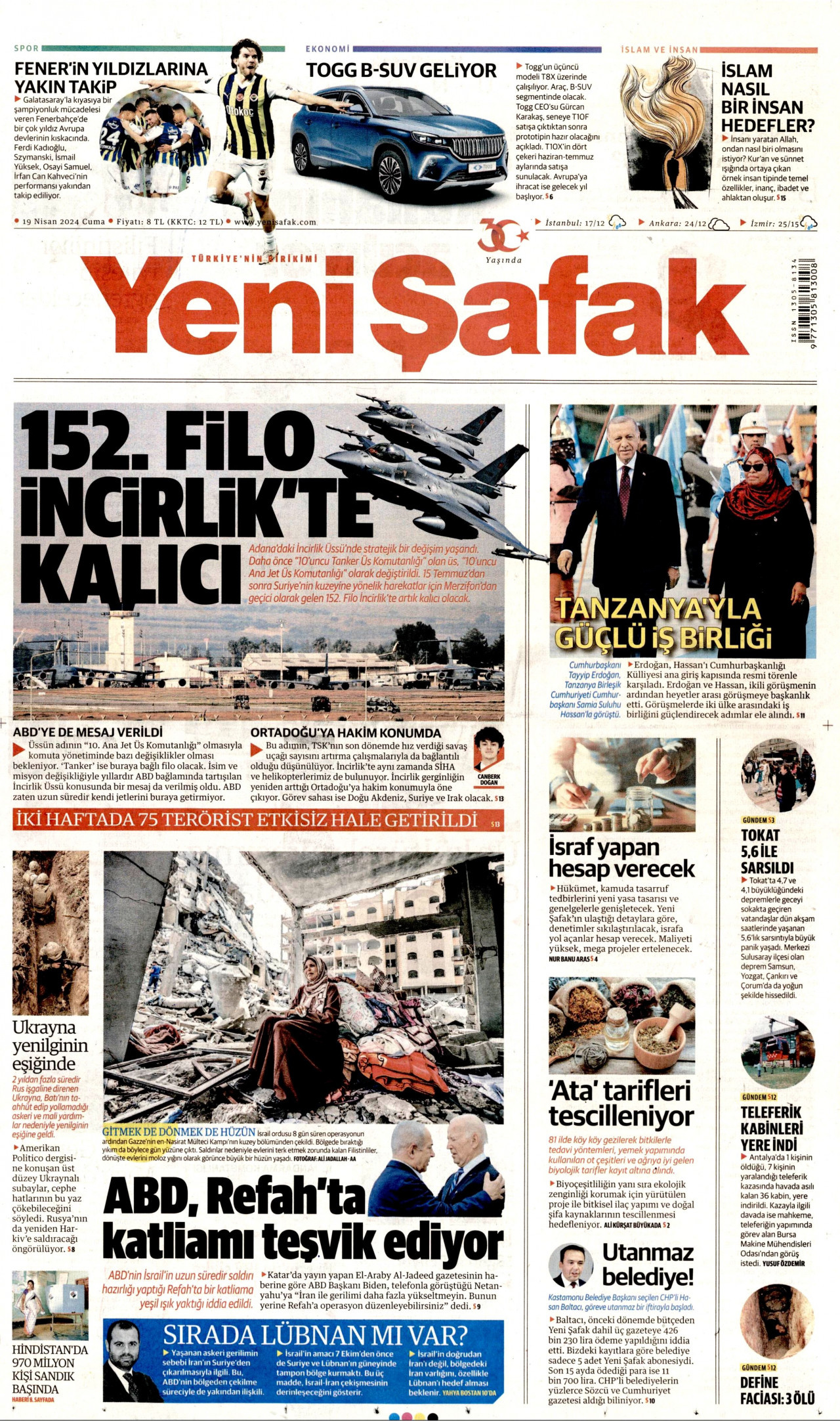 YENİ ŞAFAK gazetesinin 19 Nisan 2024 tarihli birinci sayfası