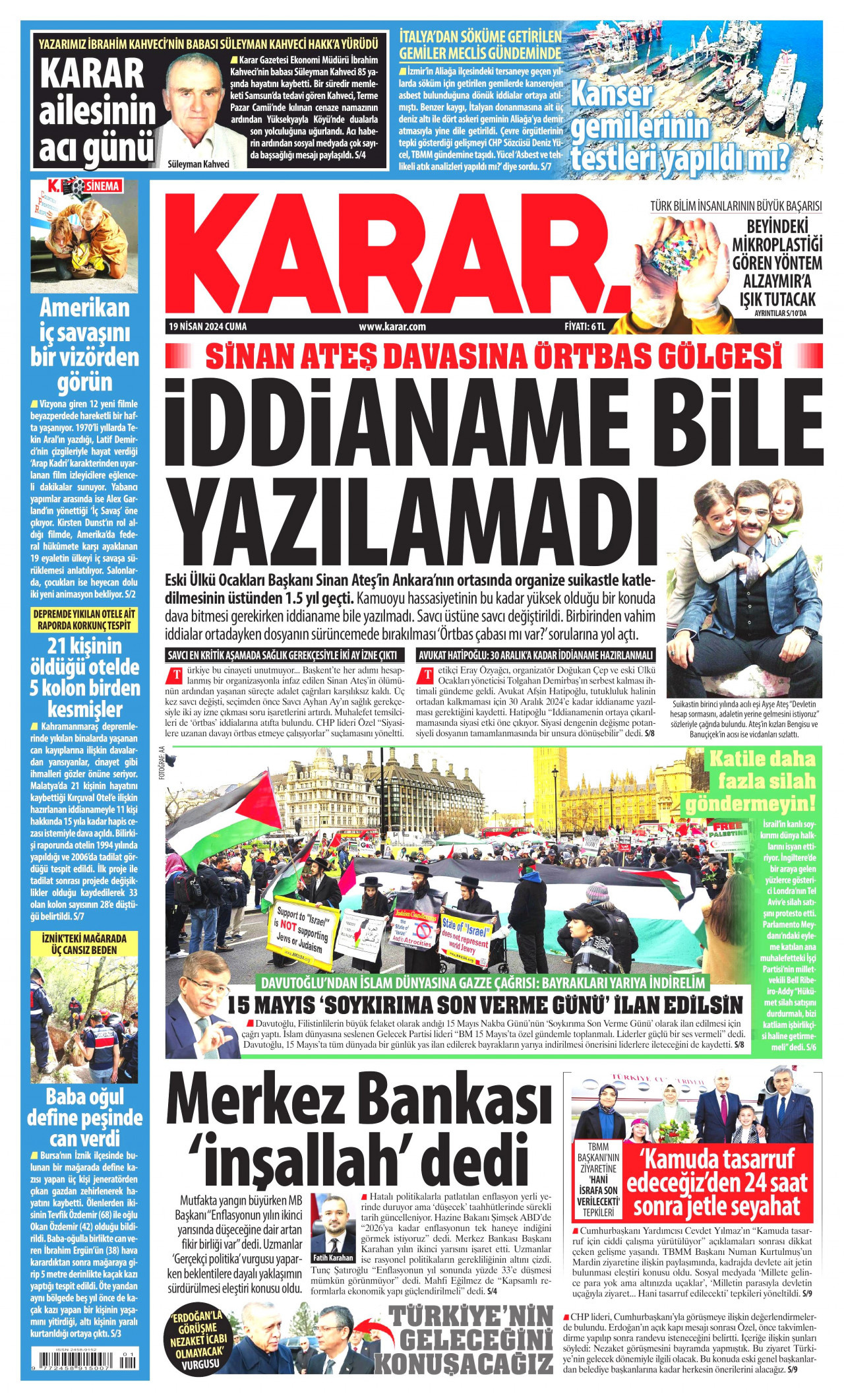 KARAR gazetesinin 19 Nisan 2024 tarihli birinci sayfası