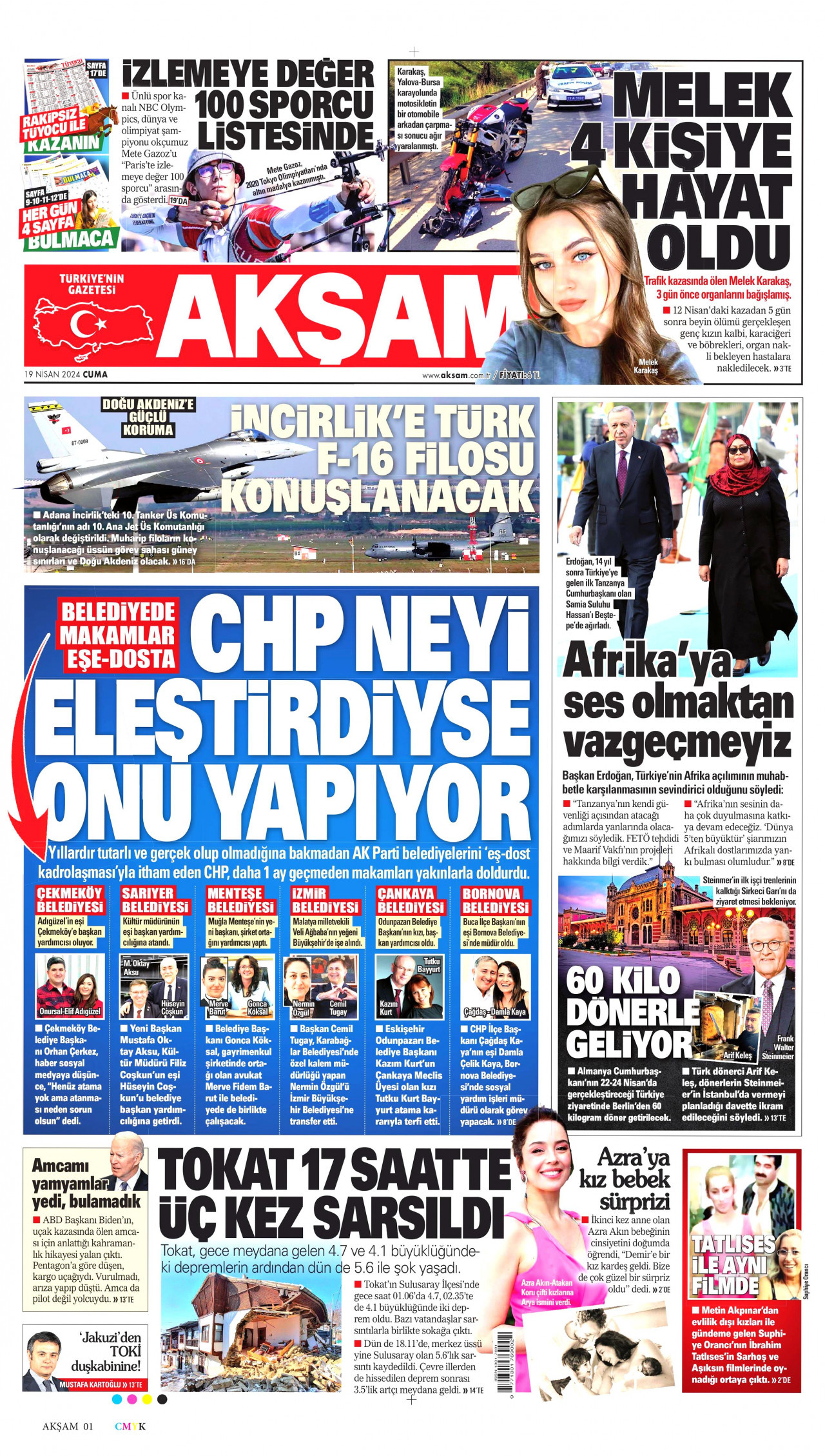 AKŞAM gazetesinin 19 Nisan 2024 tarihli birinci sayfası