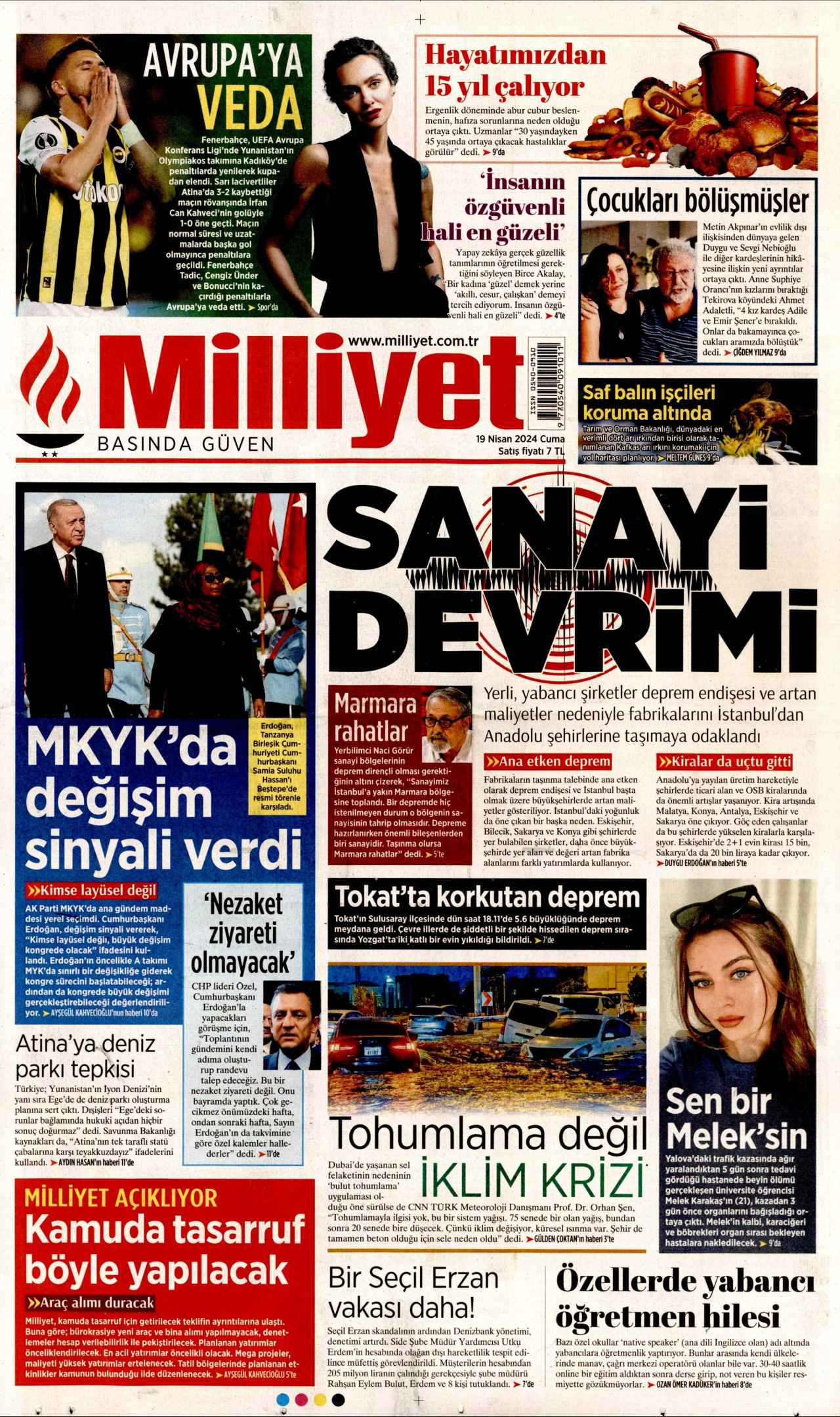 MİLLİYET gazetesinin 19 Nisan 2024 tarihli birinci sayfası
