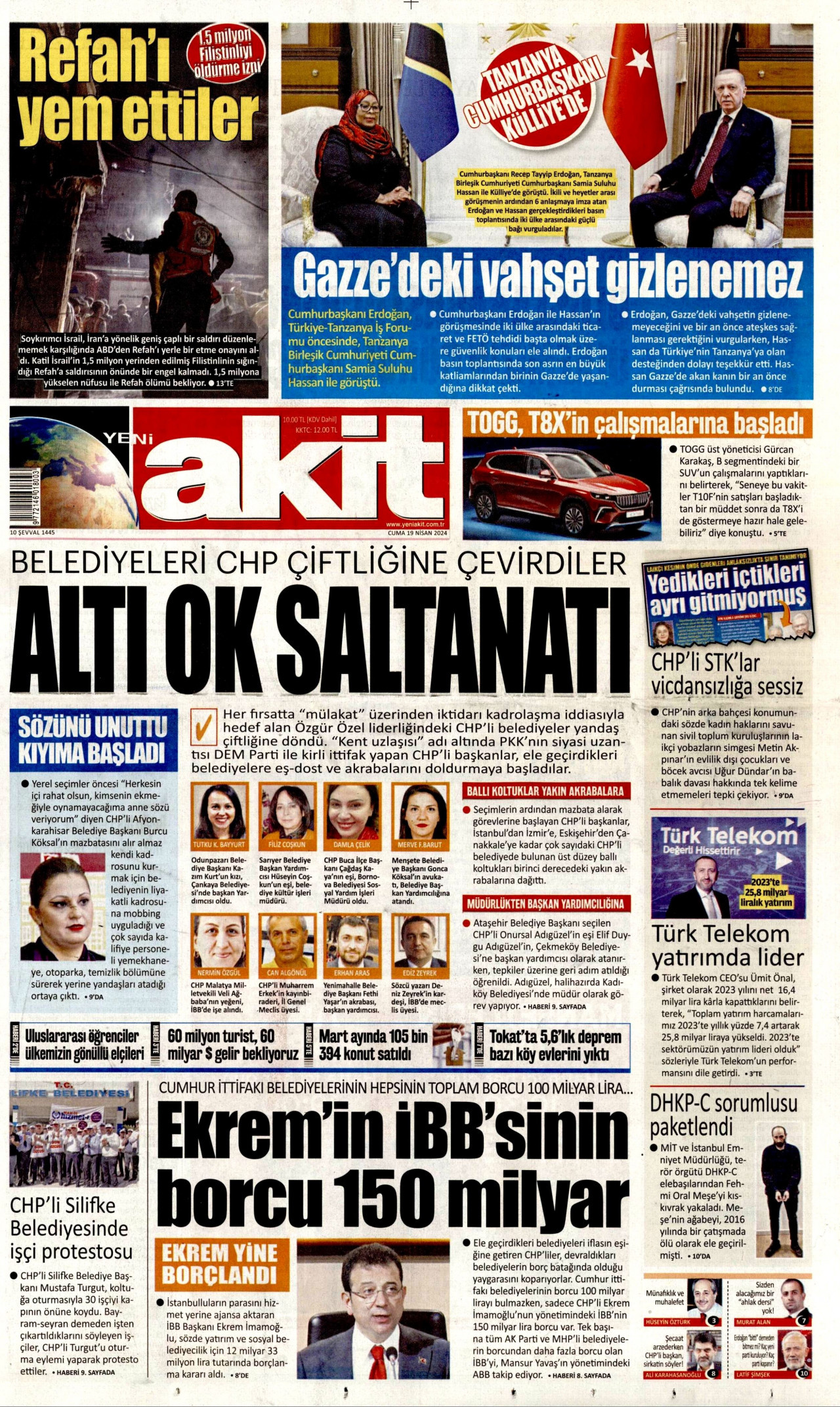 YENİ AKİT gazetesinin 19 Nisan 2024 tarihli birinci sayfası