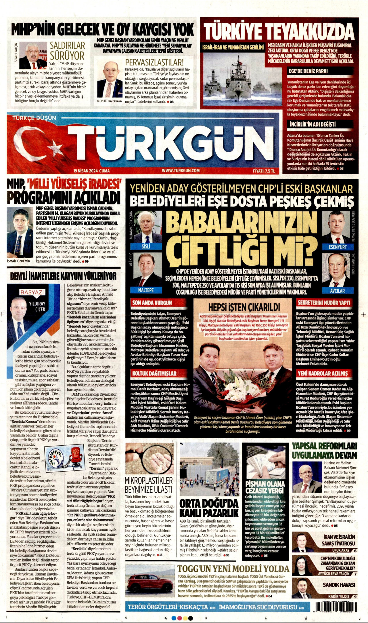 TÜRKGÜN gazetesinin 19 Nisan 2024 tarihli birinci sayfası