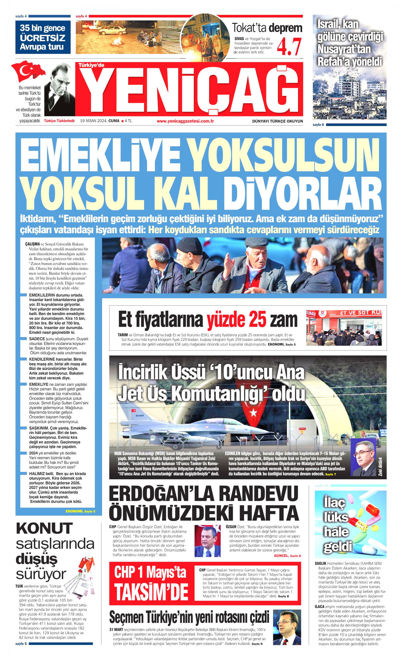 YENİÇAĞ gazetesinin 19 Nisan 2024 tarihli birinci sayfası