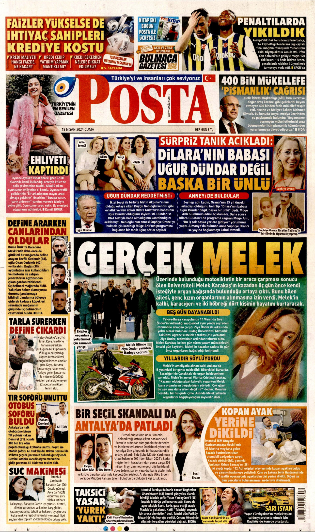 POSTA gazetesinin 19 Nisan 2024 tarihli birinci sayfası