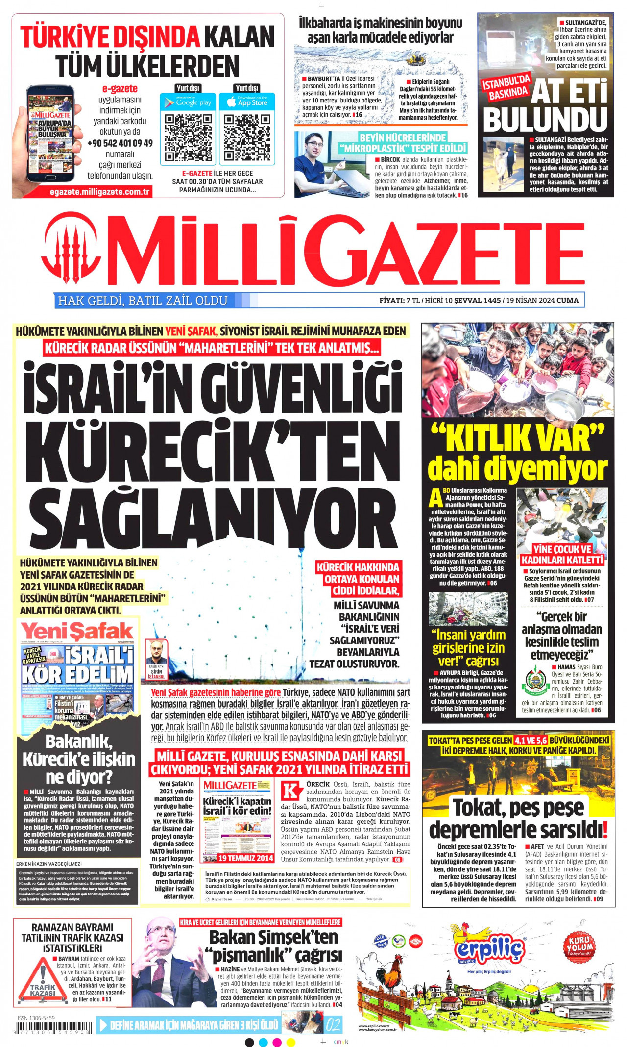 MİLLİ GAZETE gazetesinin 19 Nisan 2024 tarihli birinci sayfası