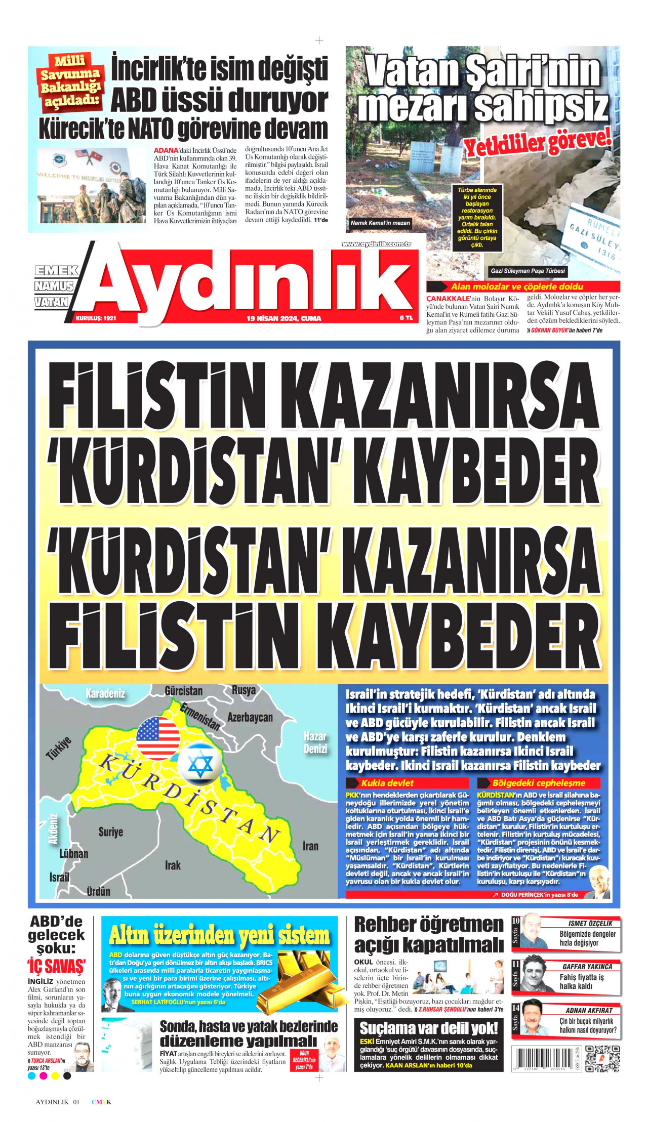 AYDINLIK GAZETESİ gazetesinin 19 Nisan 2024 tarihli birinci sayfası