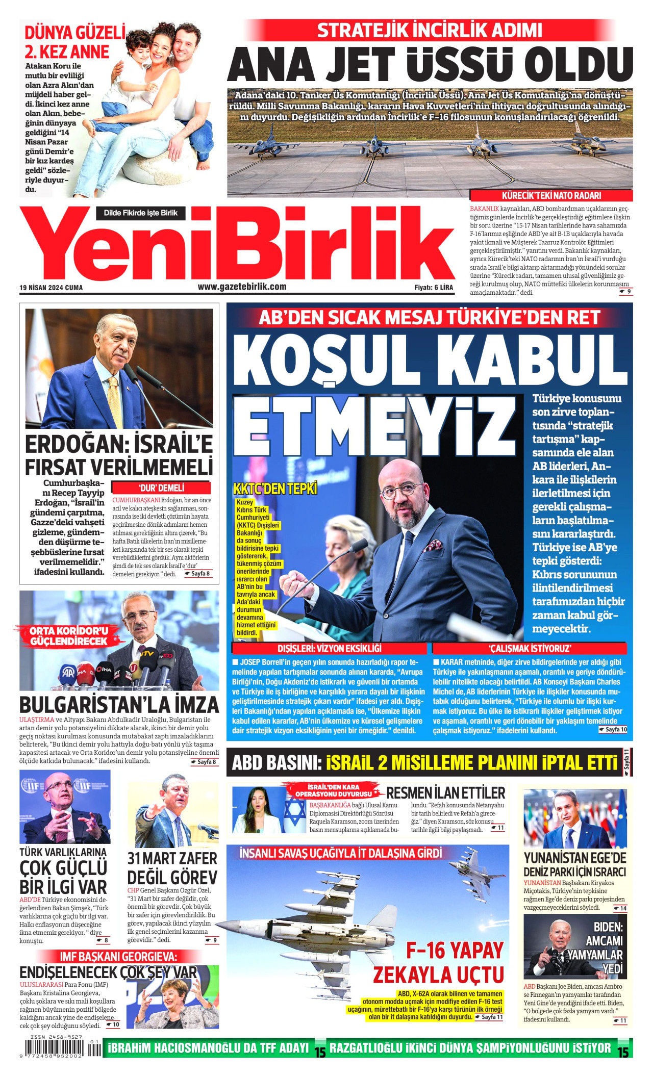YENİBİRLİK gazetesinin 19 Nisan 2024 tarihli birinci sayfası