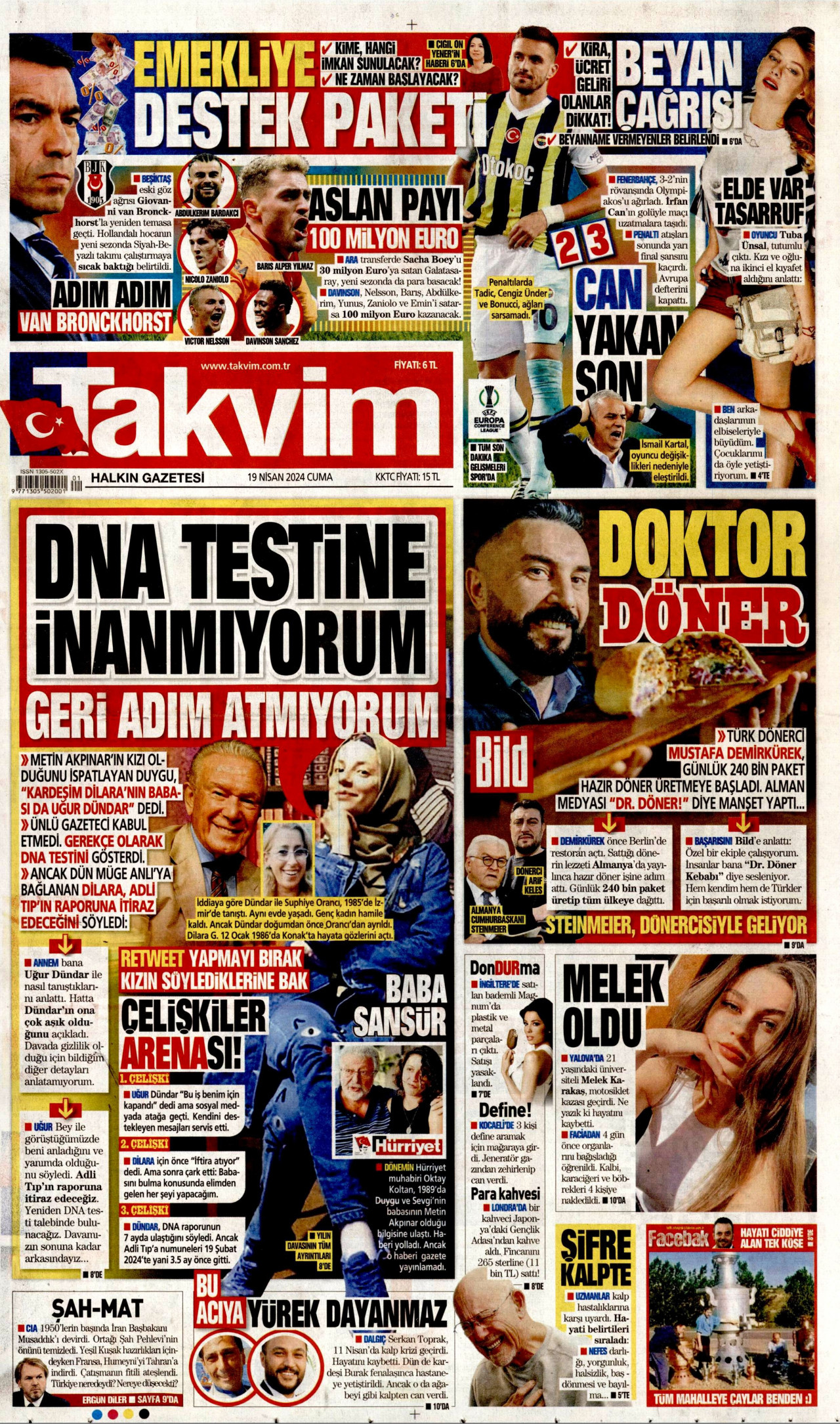 TAKVİM gazetesinin 19 Nisan 2024 tarihli birinci sayfası