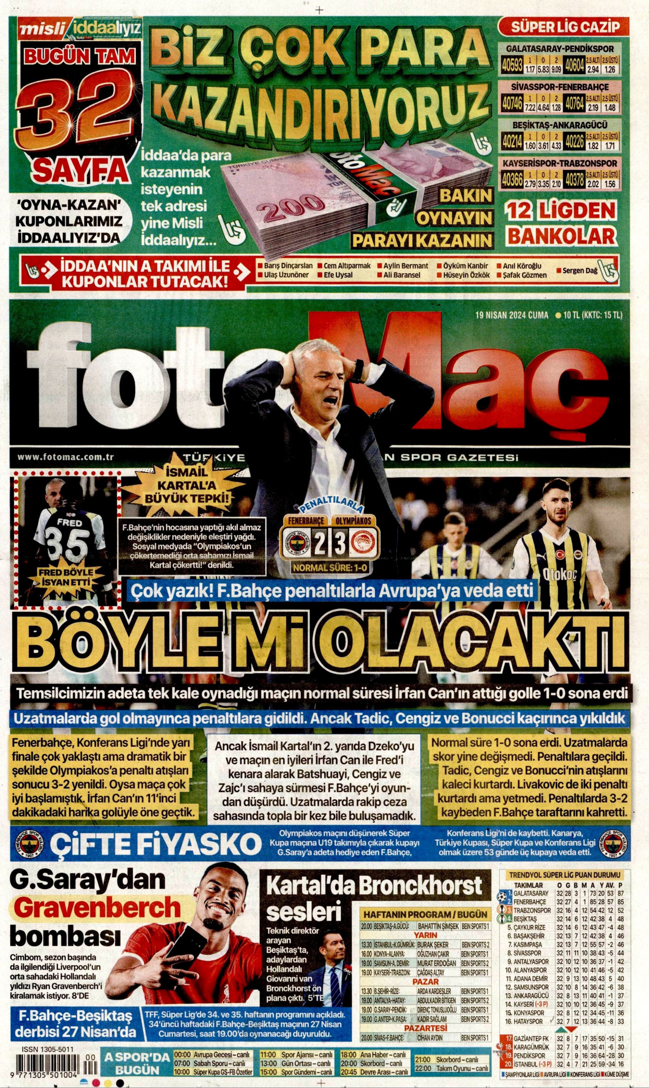 FOTOMAÇ gazetesinin 19 Nisan 2024 tarihli birinci sayfası