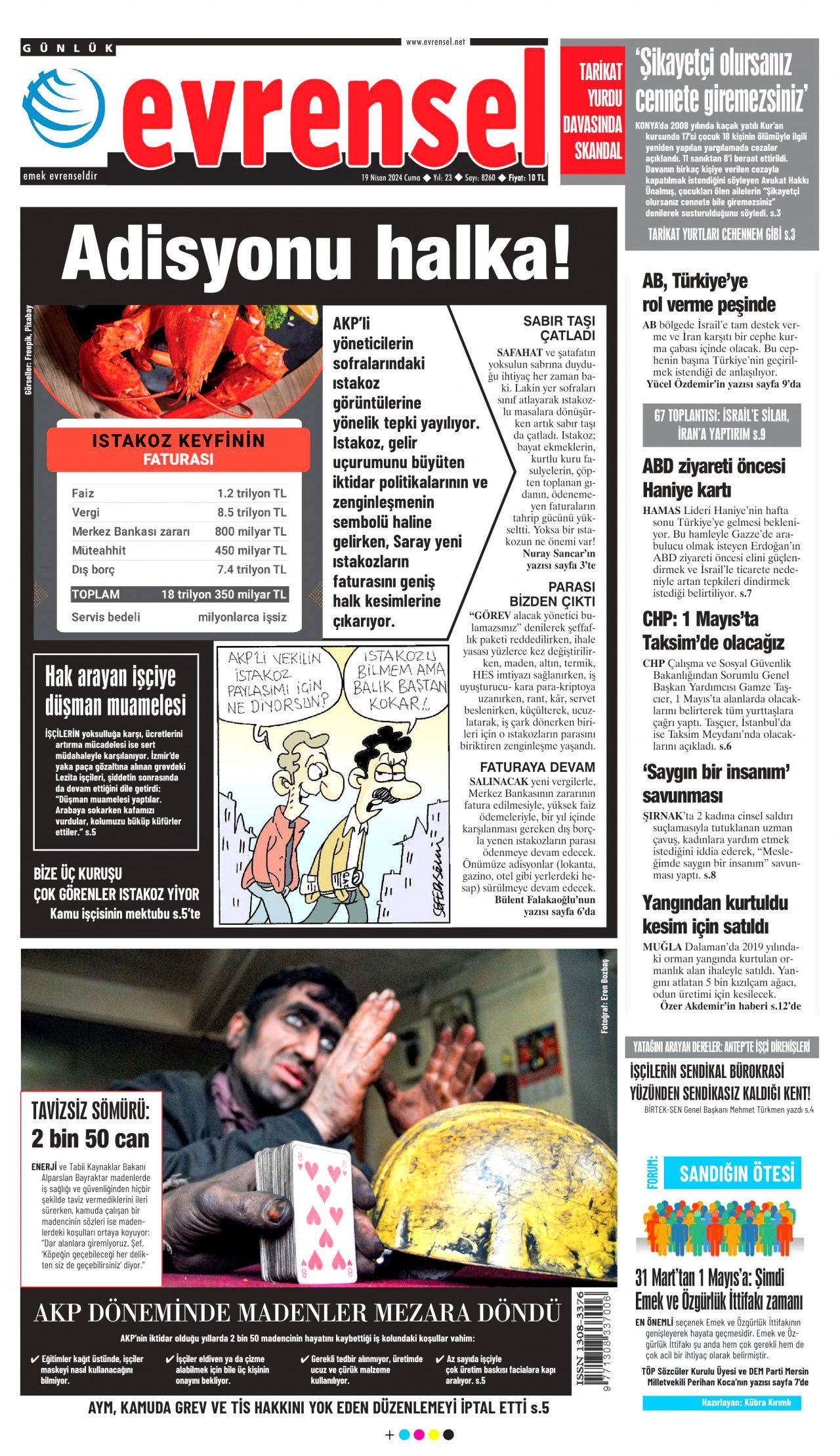 EVRENSEL gazetesinin 19 Nisan 2024 tarihli birinci sayfası
