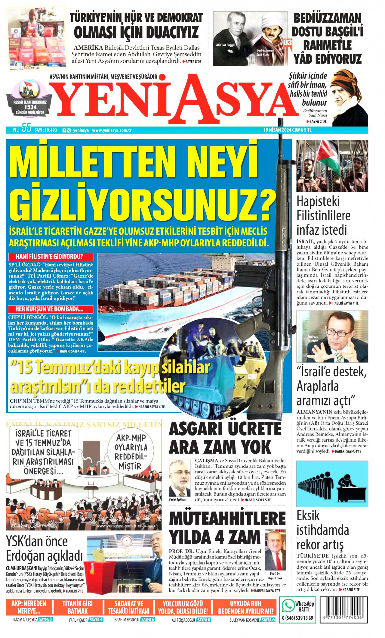 YENİ ASYA gazetesinin 19 Nisan 2024 tarihli birinci sayfası