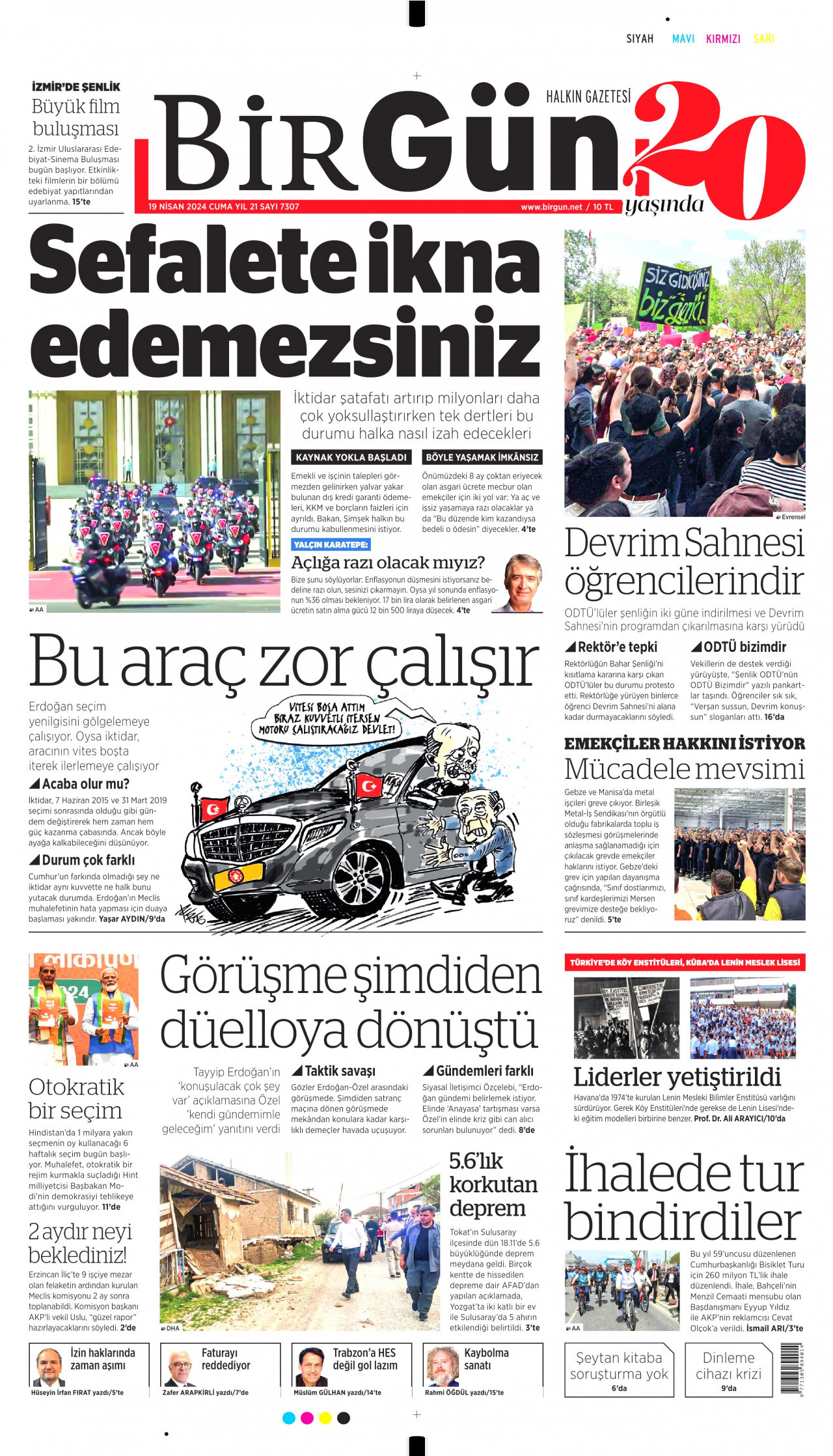 BİRGÜN gazetesinin 19 Nisan 2024 tarihli birinci sayfası