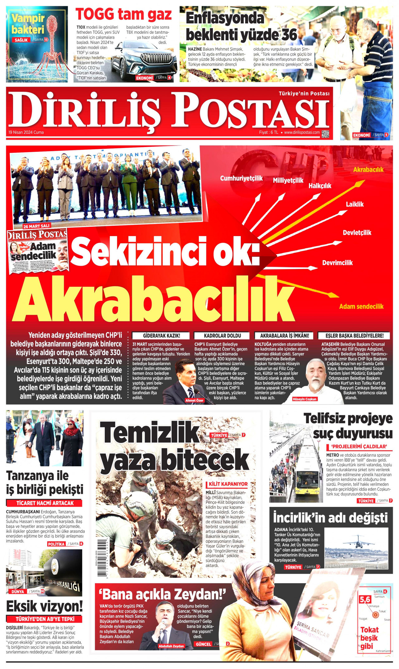DİRİLİŞ POSTASI gazetesinin 19 Nisan 2024 tarihli birinci sayfası