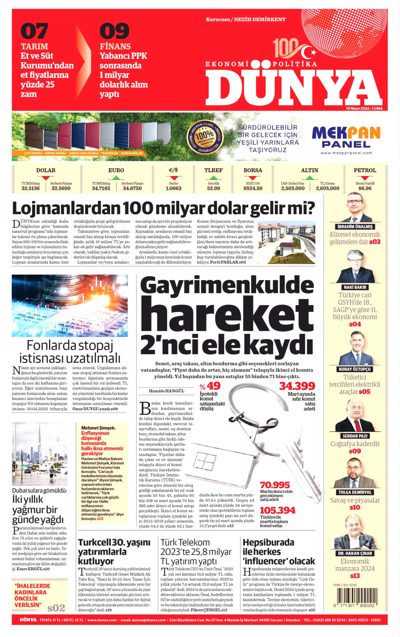 DÜNYA gazetesinin 19 Nisan 2024 tarihli birinci sayfası