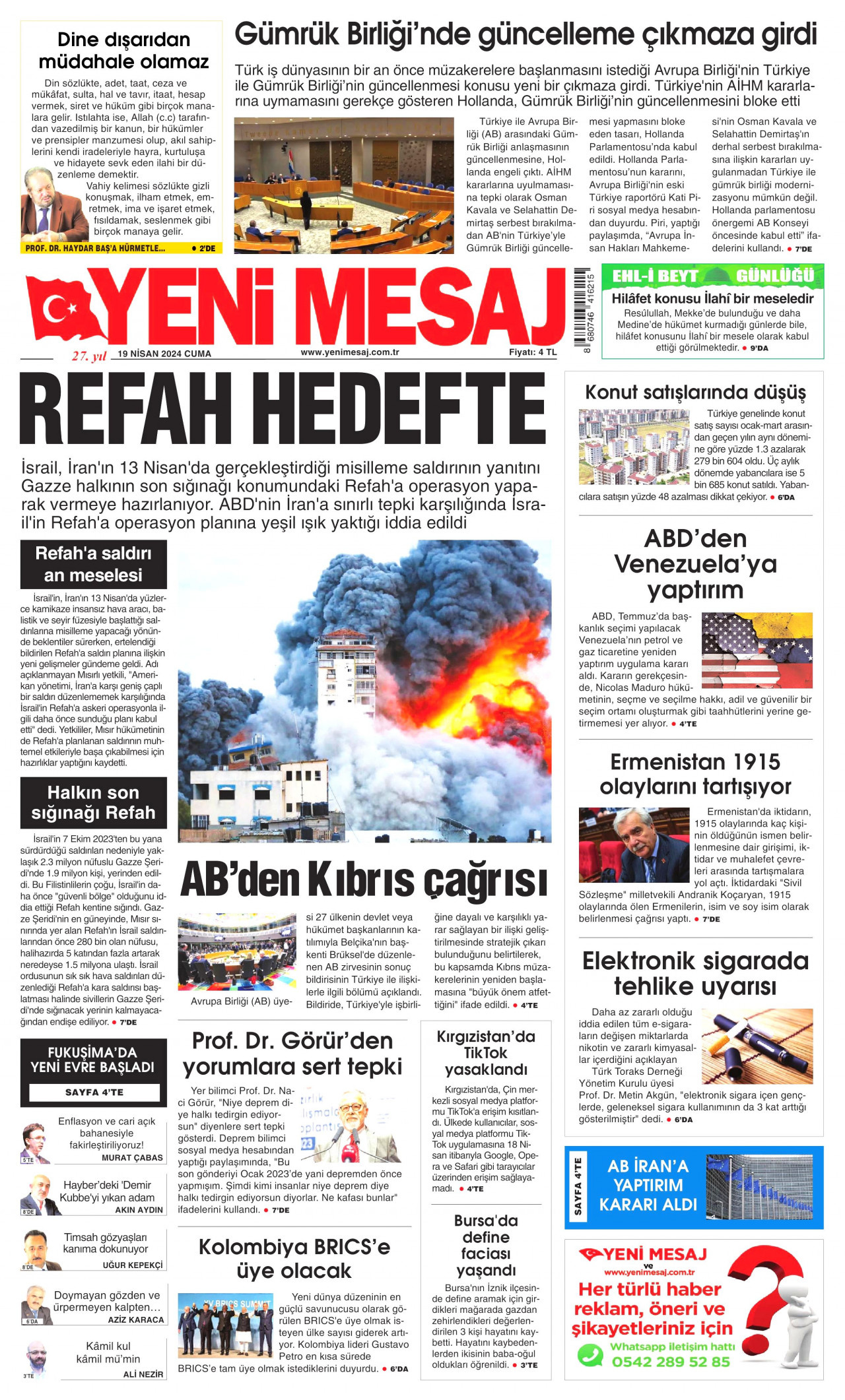 YENİ MESAJ gazetesinin 19 Nisan 2024 tarihli birinci sayfası