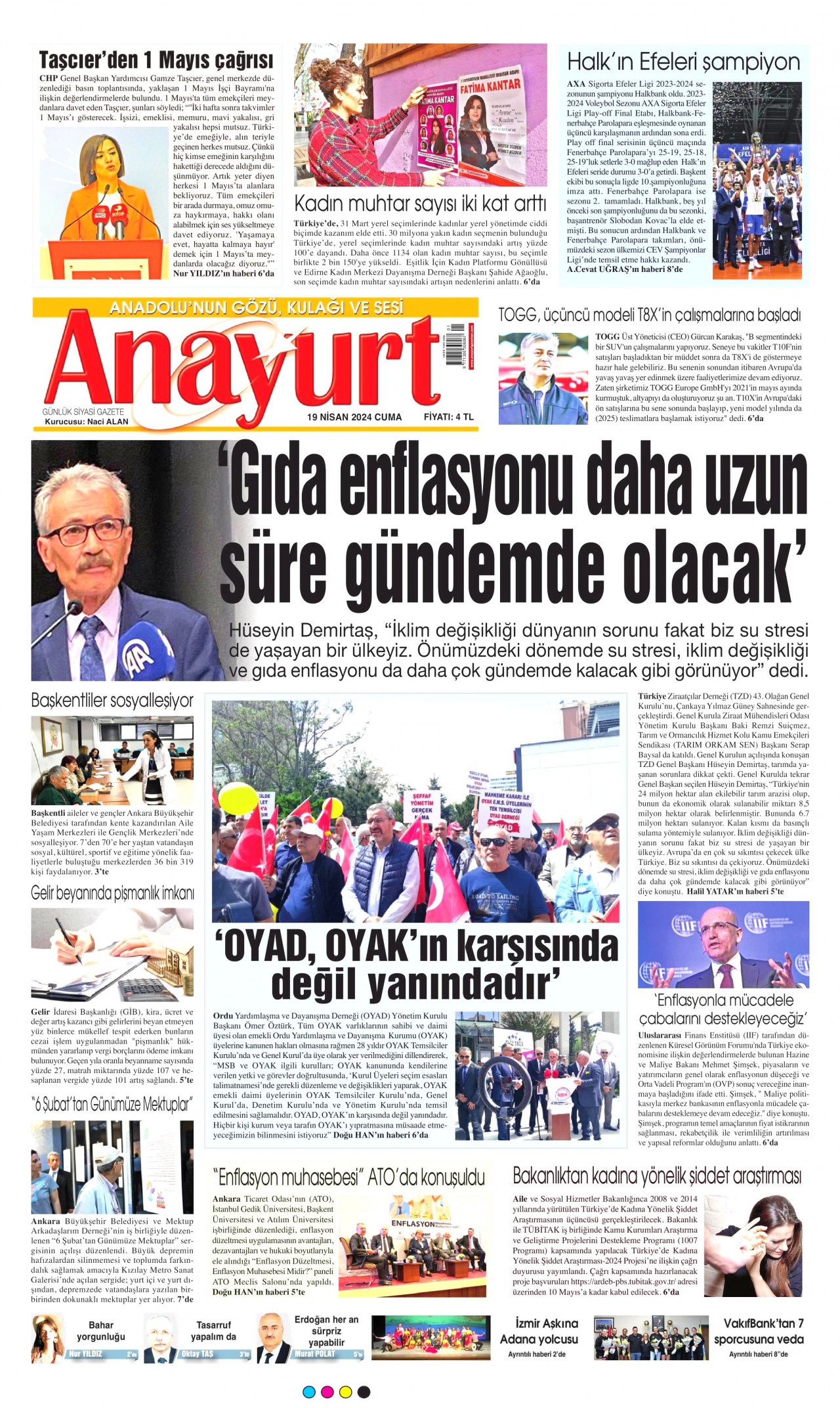 ANAYURT gazetesinin 19 Nisan 2024 tarihli birinci sayfası
