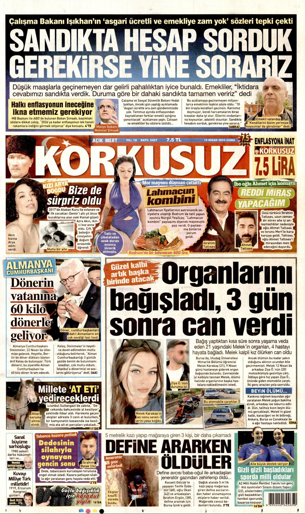 KORKUSUZ gazetesinin 19 Nisan 2024 tarihli birinci sayfası