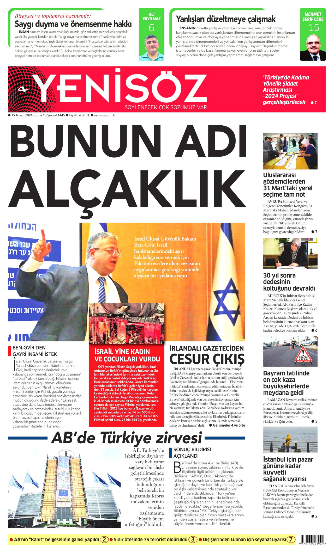 YENİ SÖZ GAZETESİ gazetesinin 19 Nisan 2024 tarihli birinci sayfası