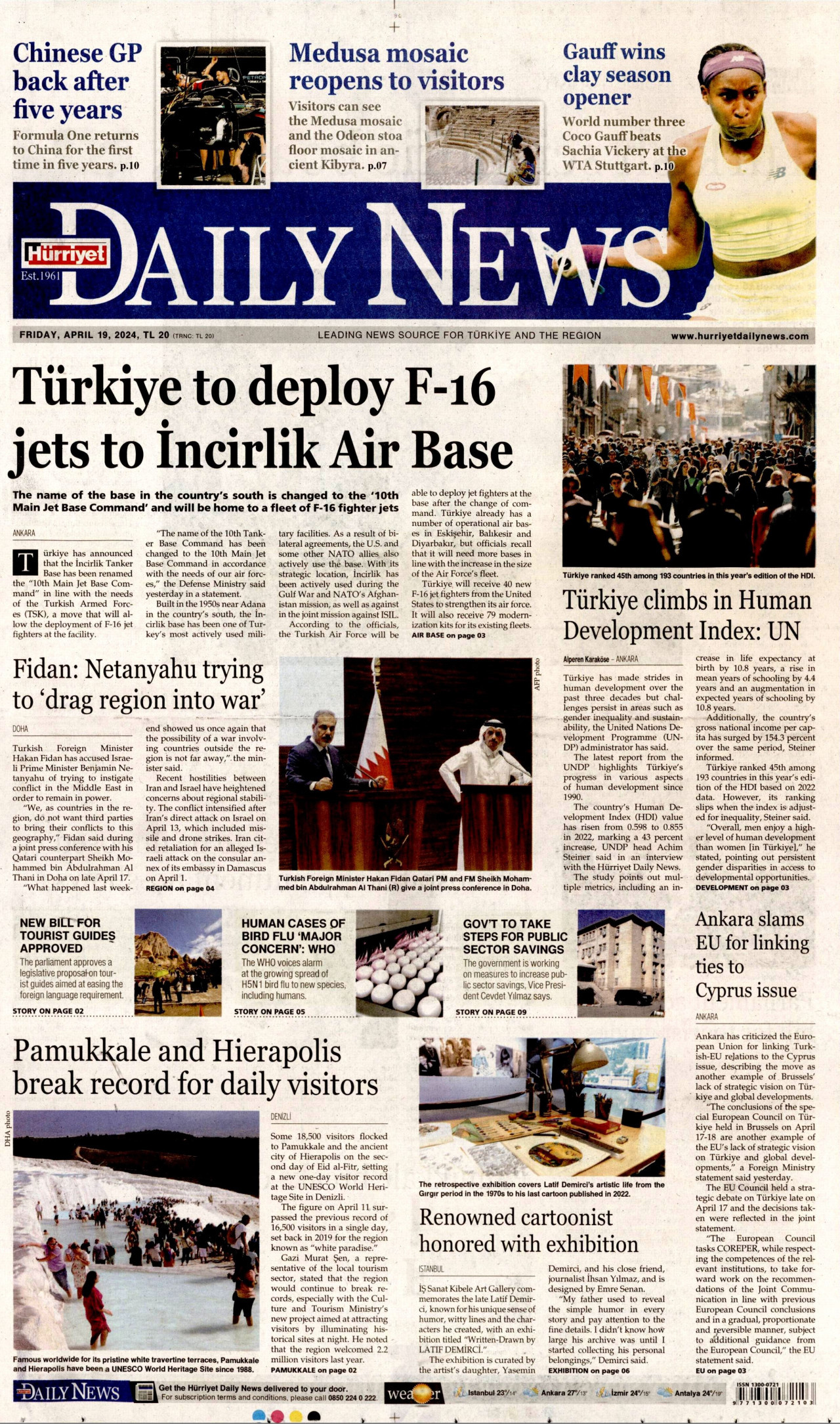 HÜRRİYET DAİLY NEWS gazetesinin 19 Nisan 2024 tarihli birinci sayfası