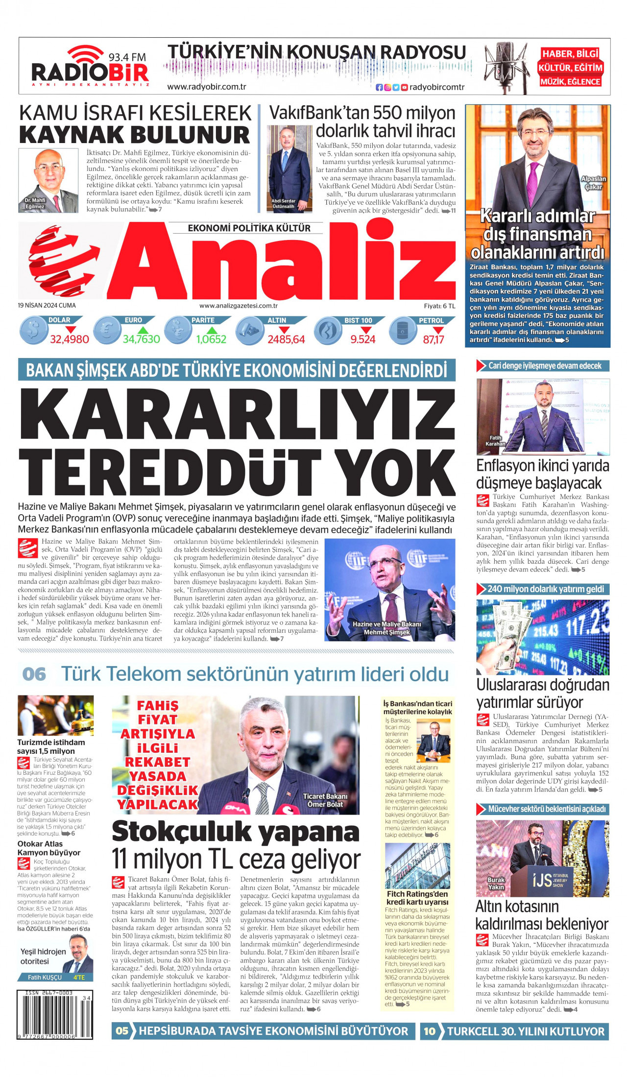 ANALİZ gazetesinin 19 Nisan 2024 tarihli birinci sayfası