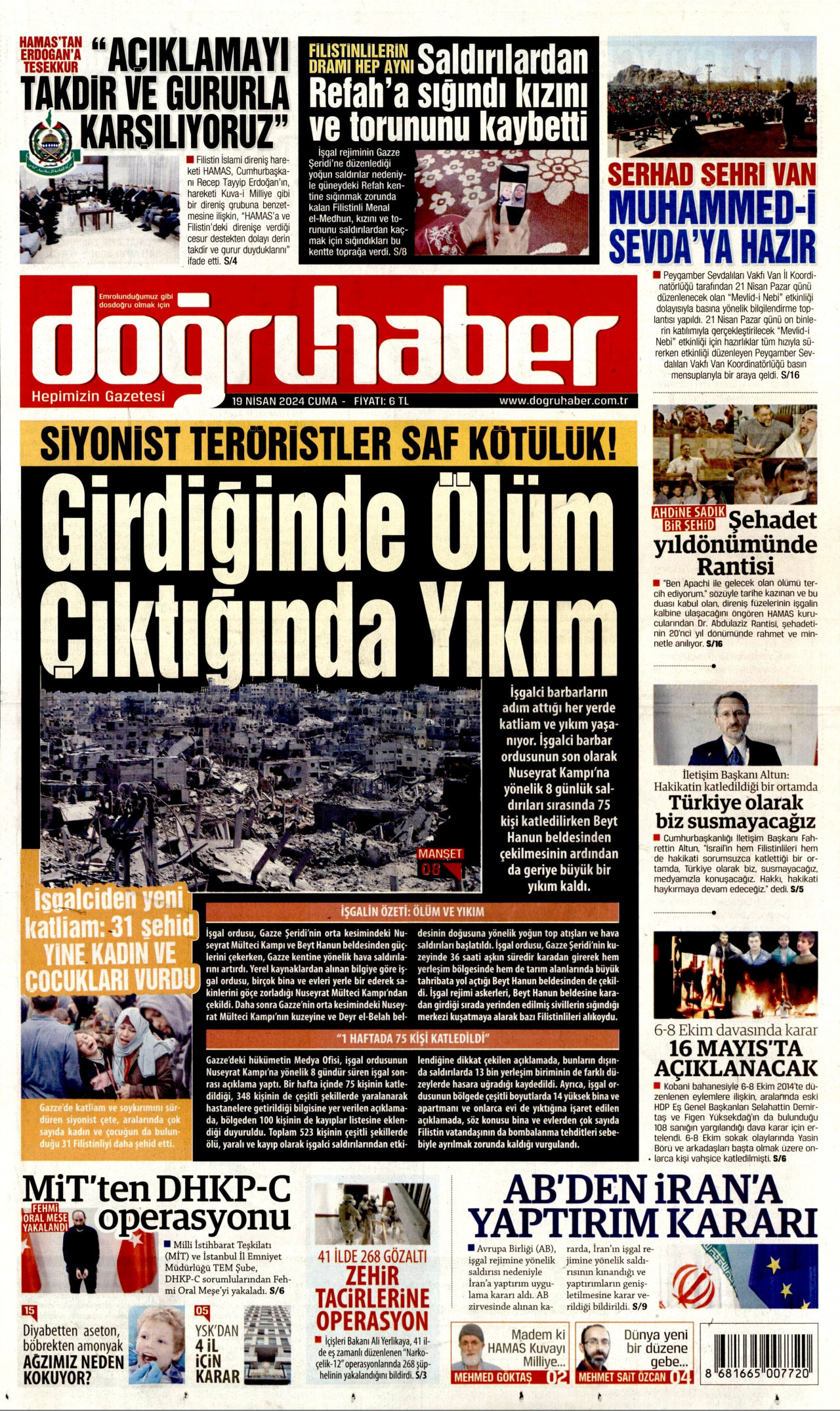 DOĞRU HABER gazetesinin 19 Nisan 2024 tarihli birinci sayfası