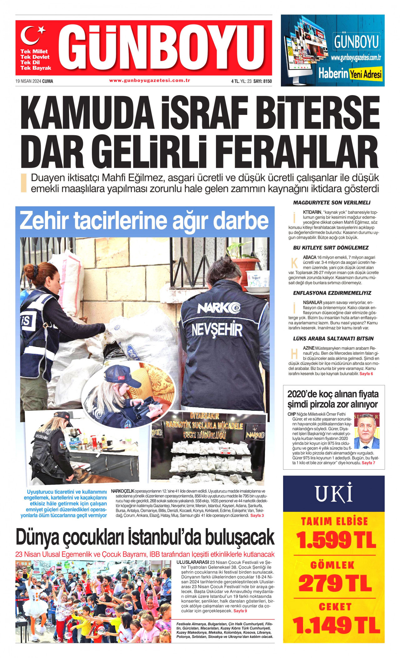 GÜNBOYU gazetesinin 19 Nisan 2024 tarihli birinci sayfası