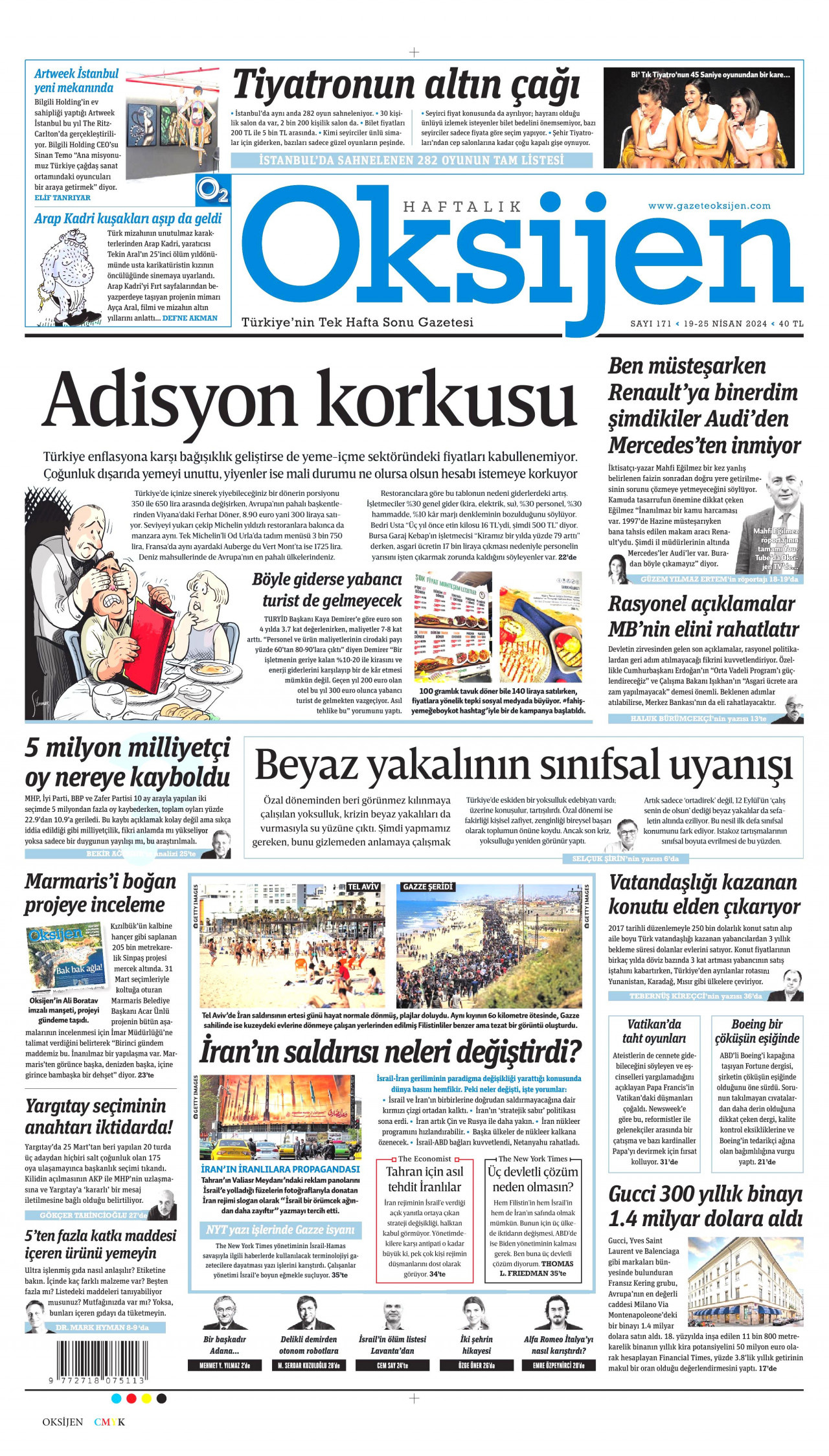 OKSİJEN gazetesinin 19 Nisan 2024 tarihli birinci sayfası