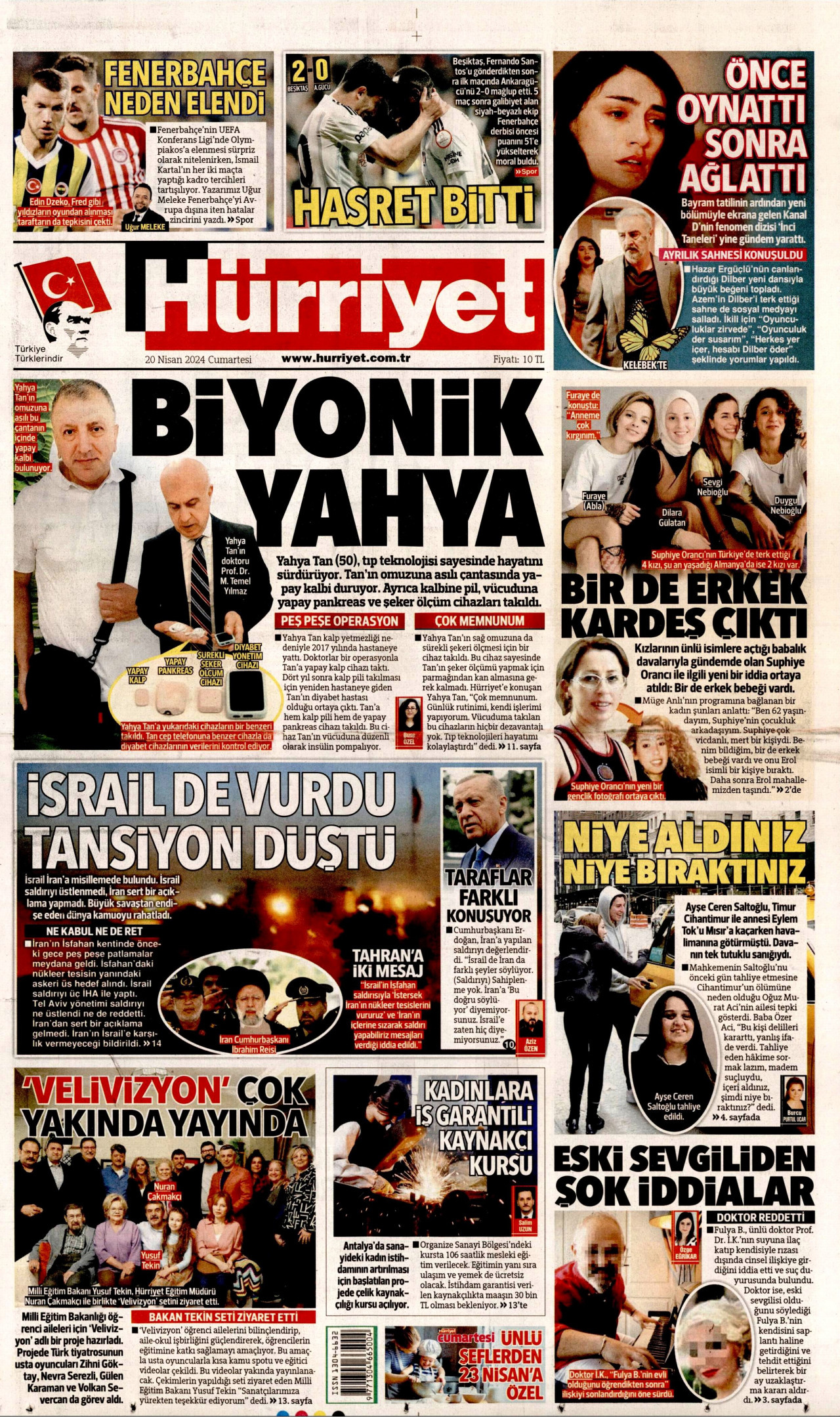 HÜRRİYET gazetesinin 20 Nisan 2024 tarihli birinci sayfası