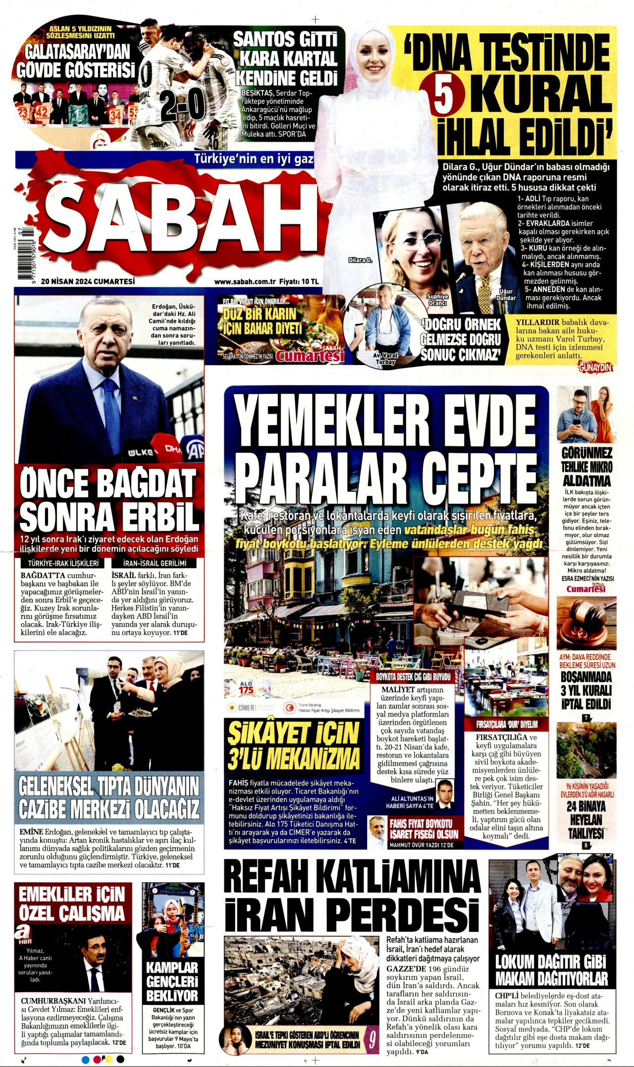 SABAH gazetesinin 20 Nisan 2024 tarihli birinci sayfası