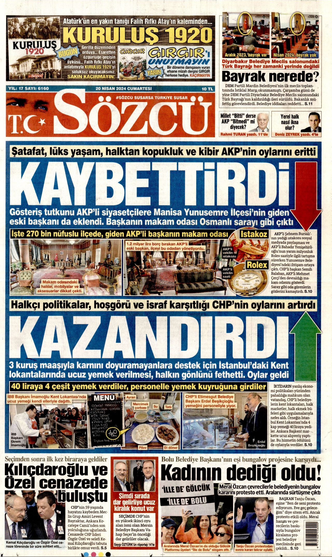 SÖZCÜ gazetesinin 20 Nisan 2024 tarihli birinci sayfası
