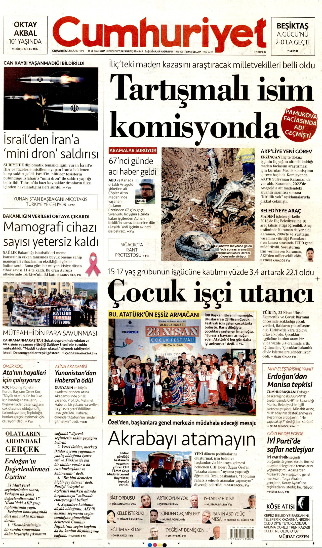 CUMHURİYET gazetesinin 20 Nisan 2024 tarihli birinci sayfası