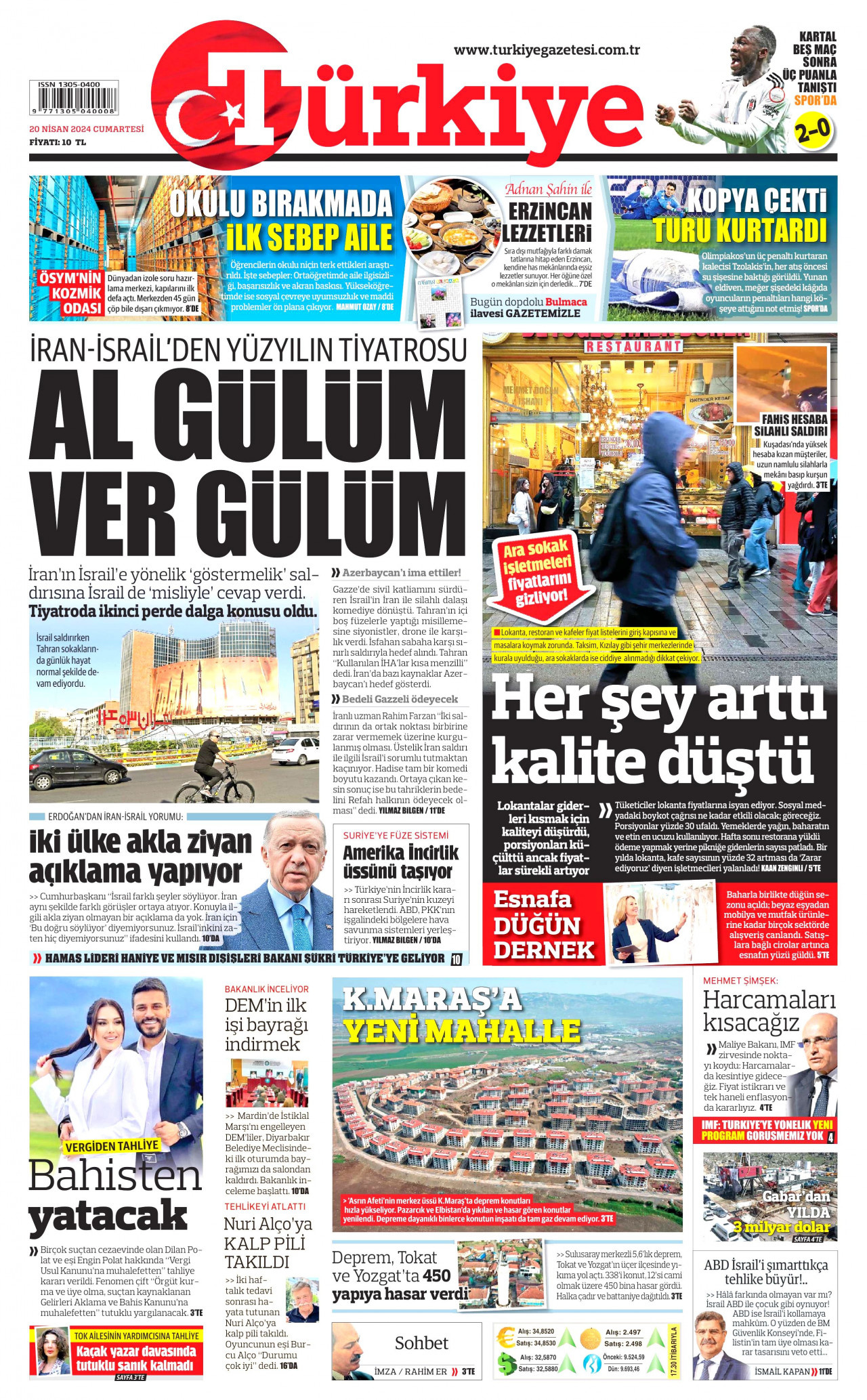 TÜRKİYE GAZETESİ gazetesinin 20 Nisan 2024 tarihli birinci sayfası